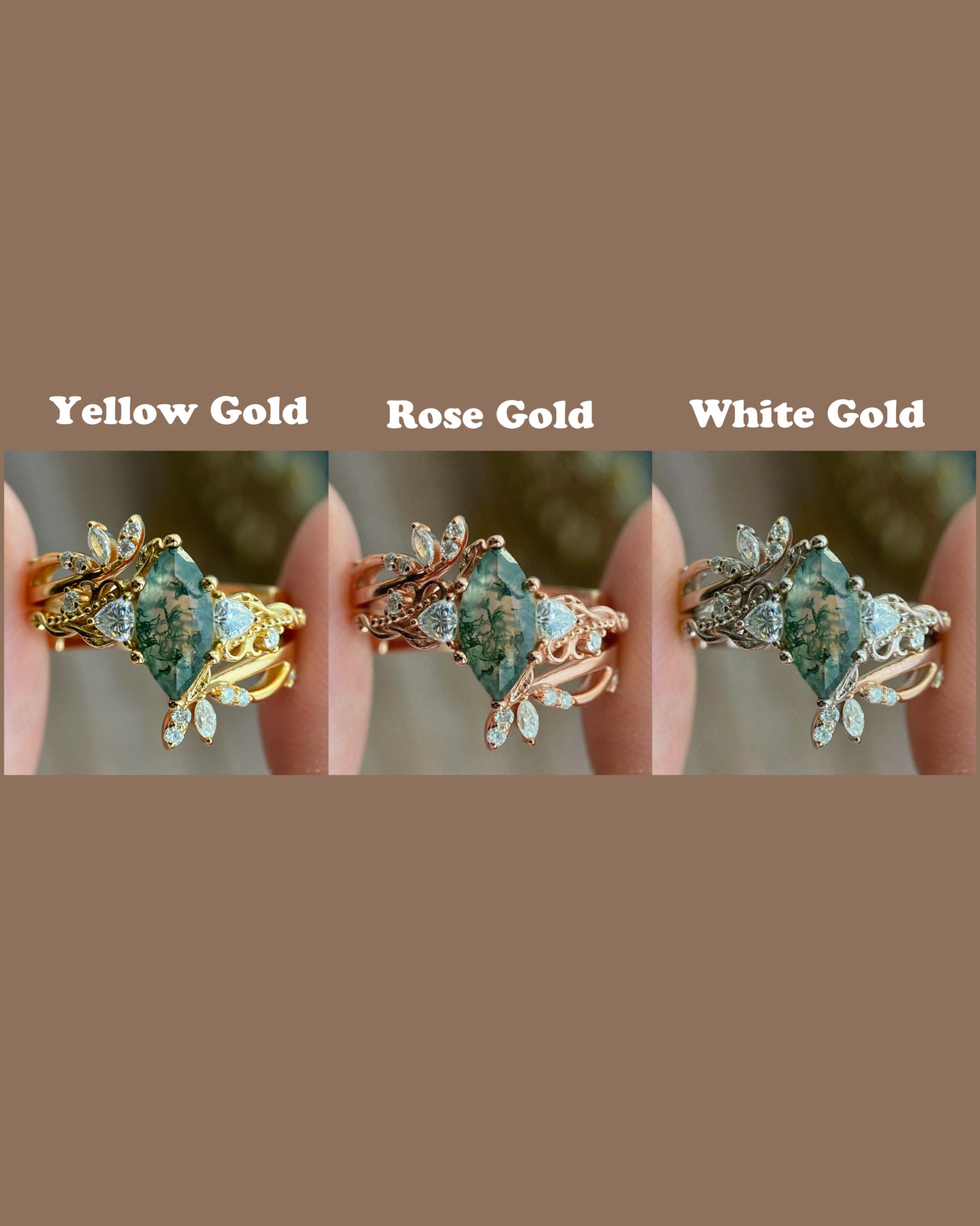 Titania | Unique Handmade Marquise Natural Moss Agate Open Leaf Band Bridal Set