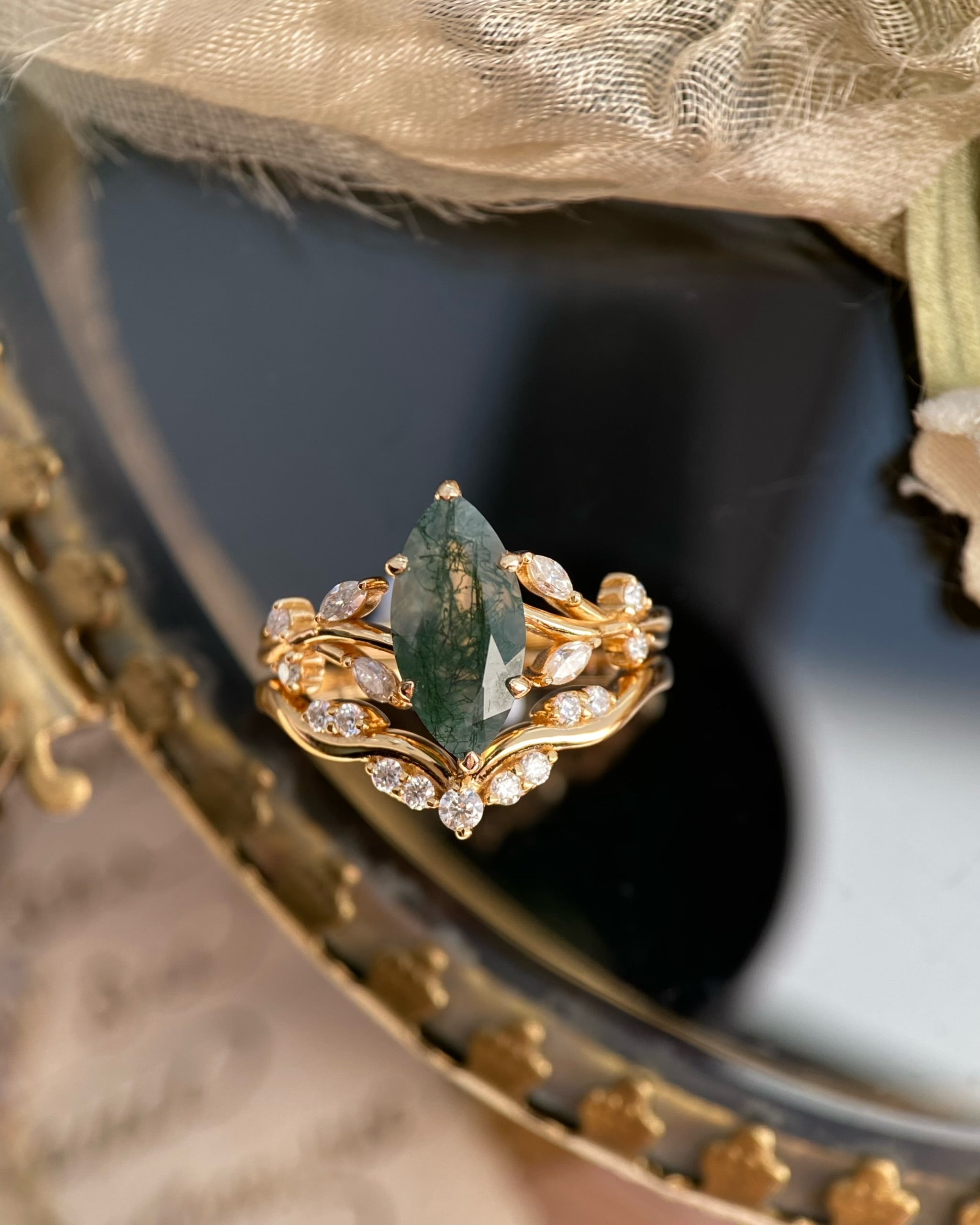 Erynnis | Unique Handmade Marquise Natural Moss Agate Bridal Ring Set with Botanical Vine Band