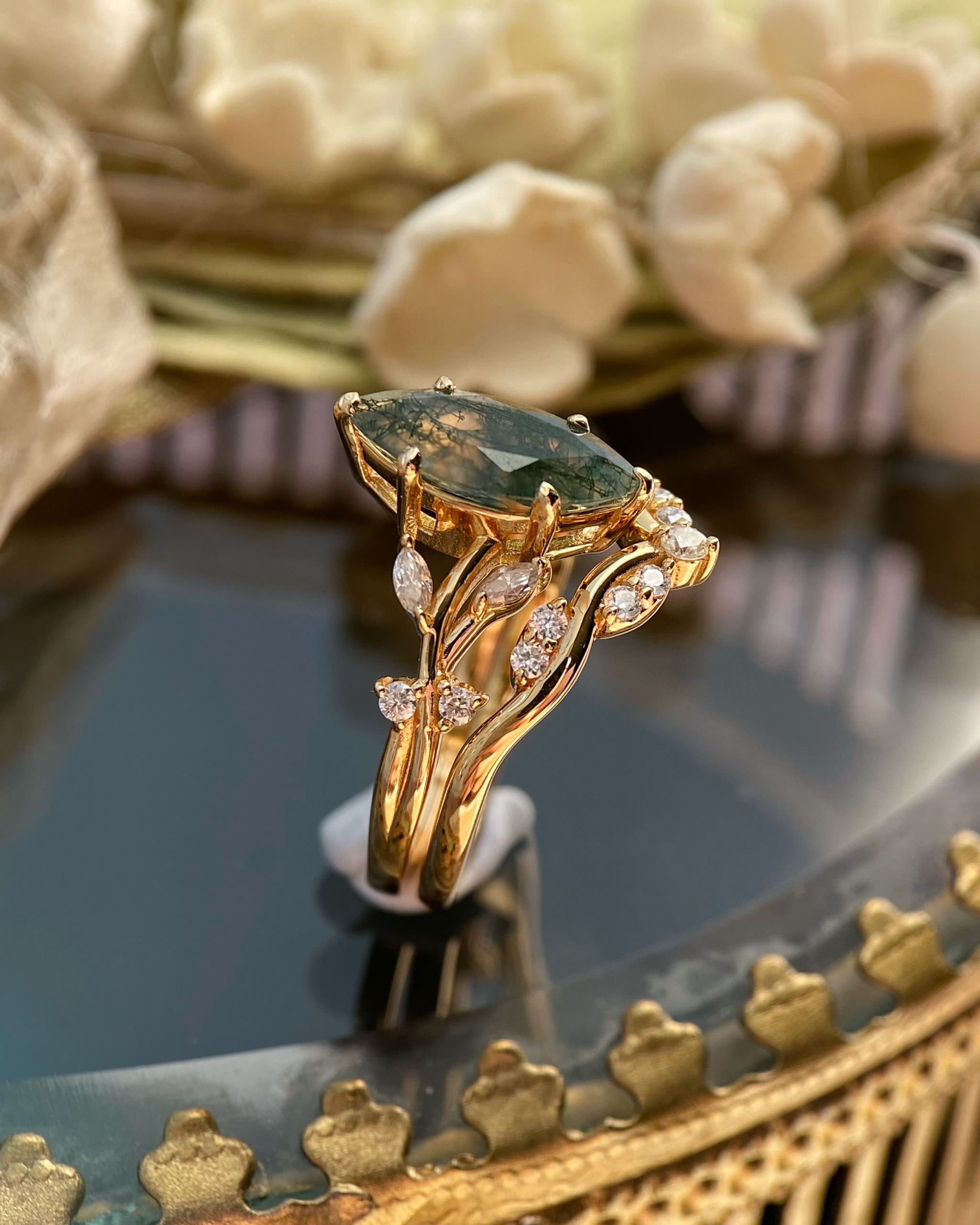 Erynnis | Unique Handmade Marquise Natural Moss Agate Bridal Ring Set with Botanical Vine Band