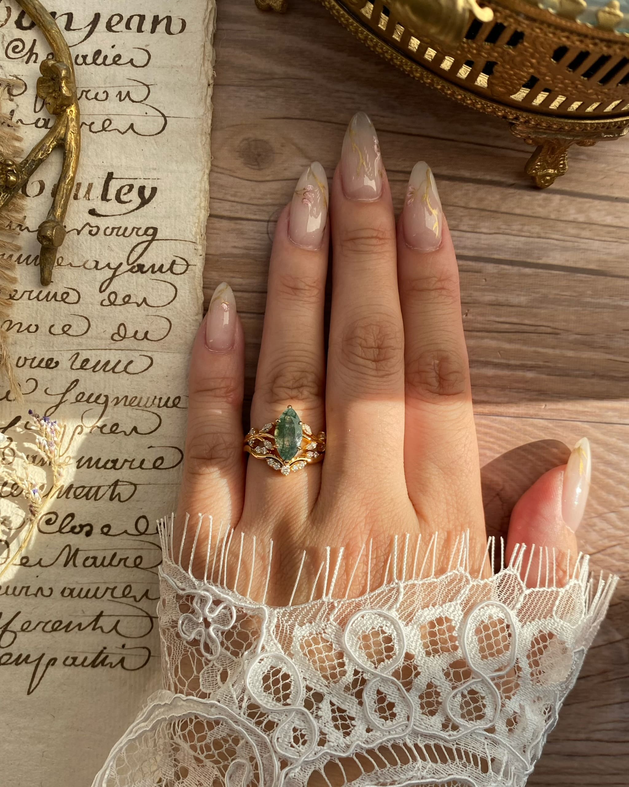 Erynnis | Unique Handmade Marquise Natural Moss Agate Bridal Ring Set with Botanical Vine Band