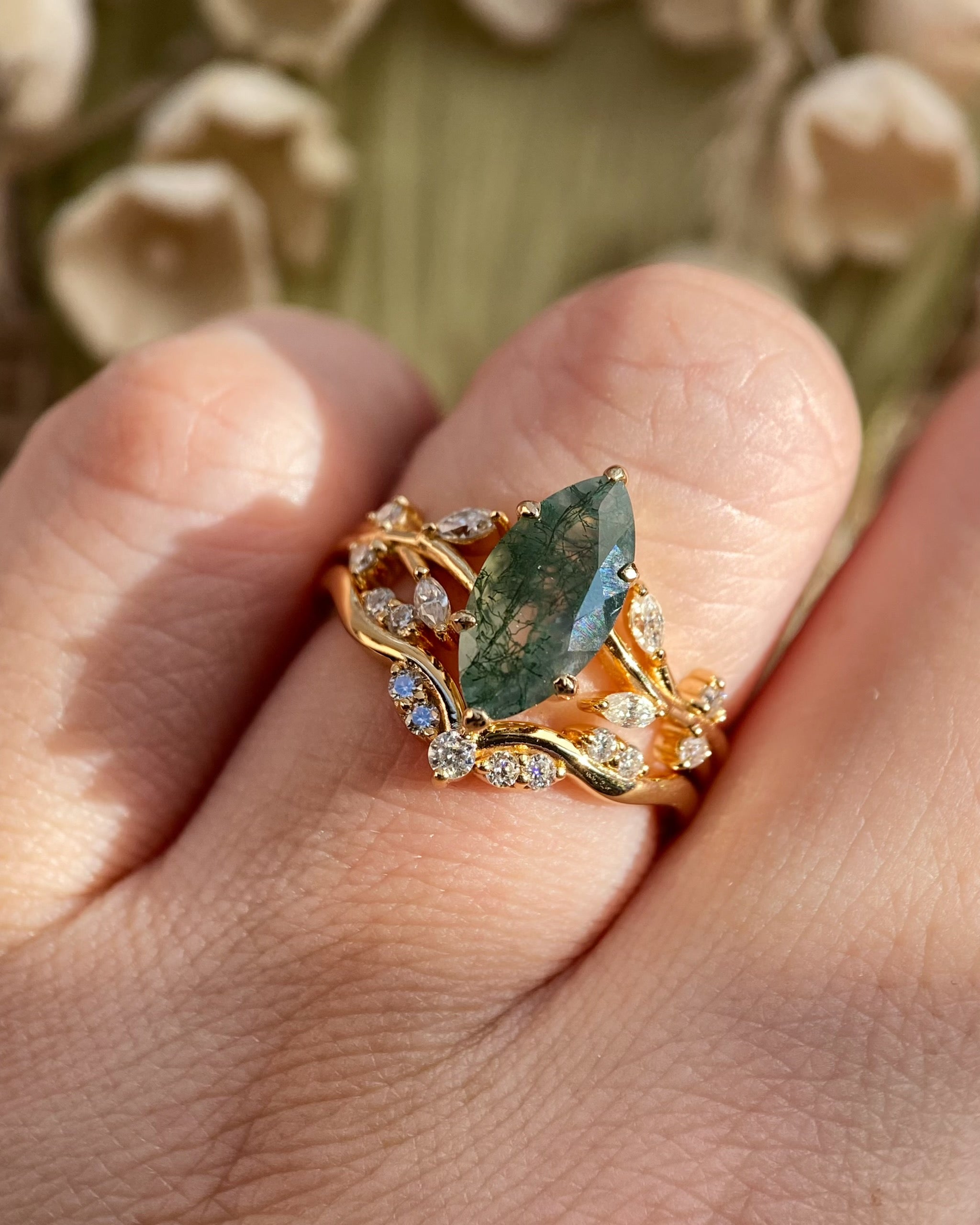 Erynnis | Unique Handmade Marquise Natural Moss Agate Bridal Ring Set with Botanical Vine Band