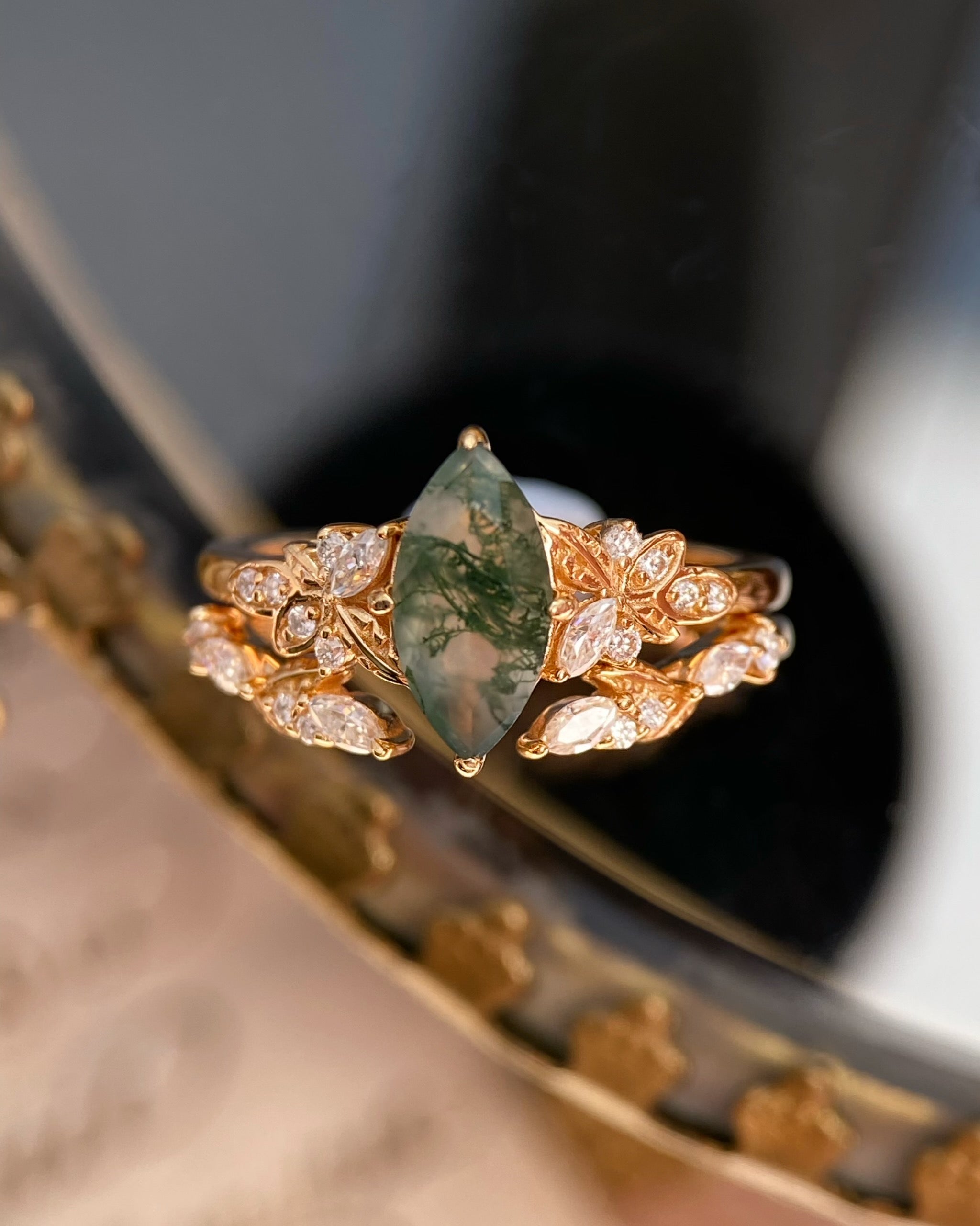 Melia | Unique Handmade Marquise Natural Moss Agate Engagement Ring Set Nature Vine Leaf Ring