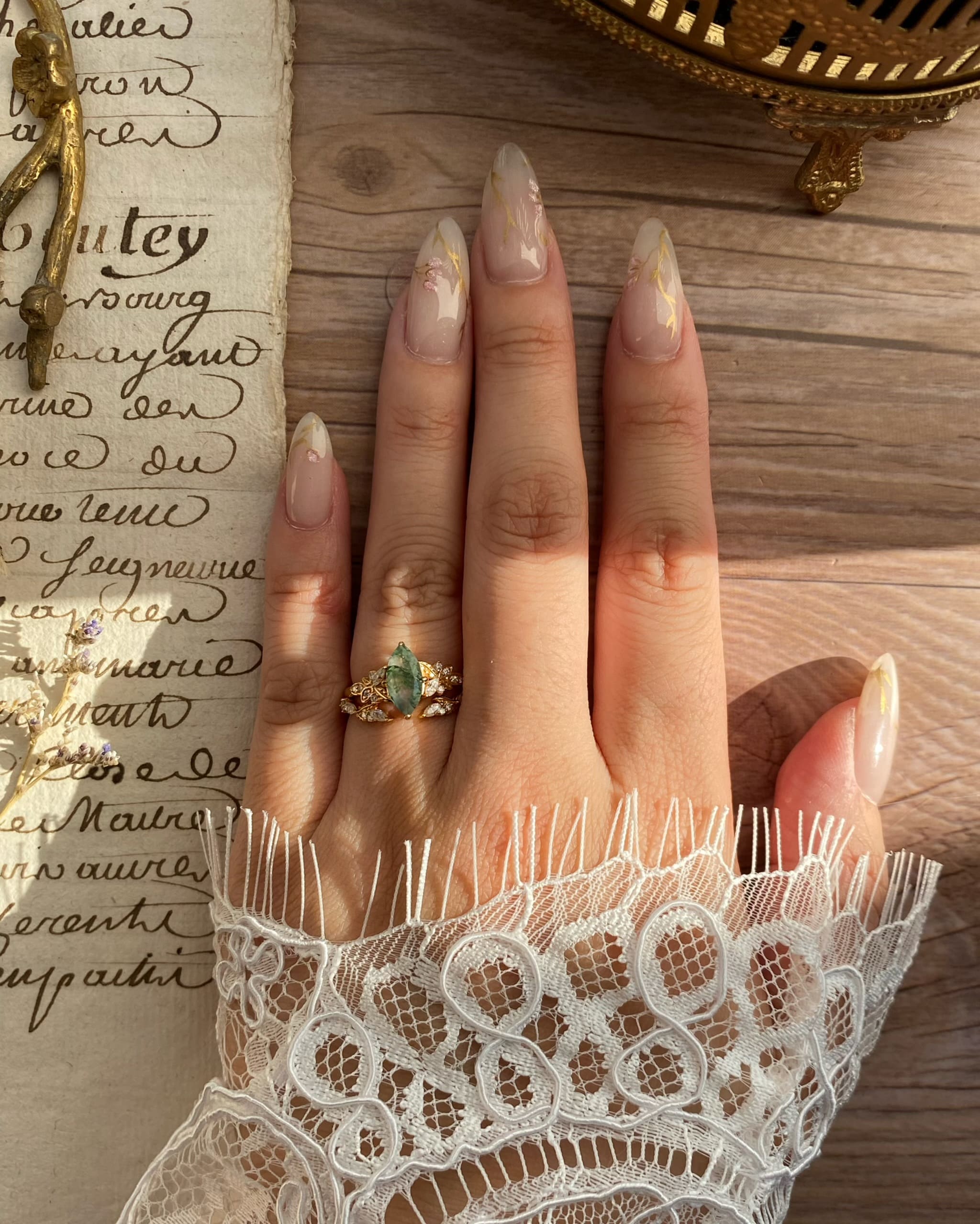 Melia | Unique Handmade Marquise Natural Moss Agate Engagement Ring Set Nature Vine Leaf Ring