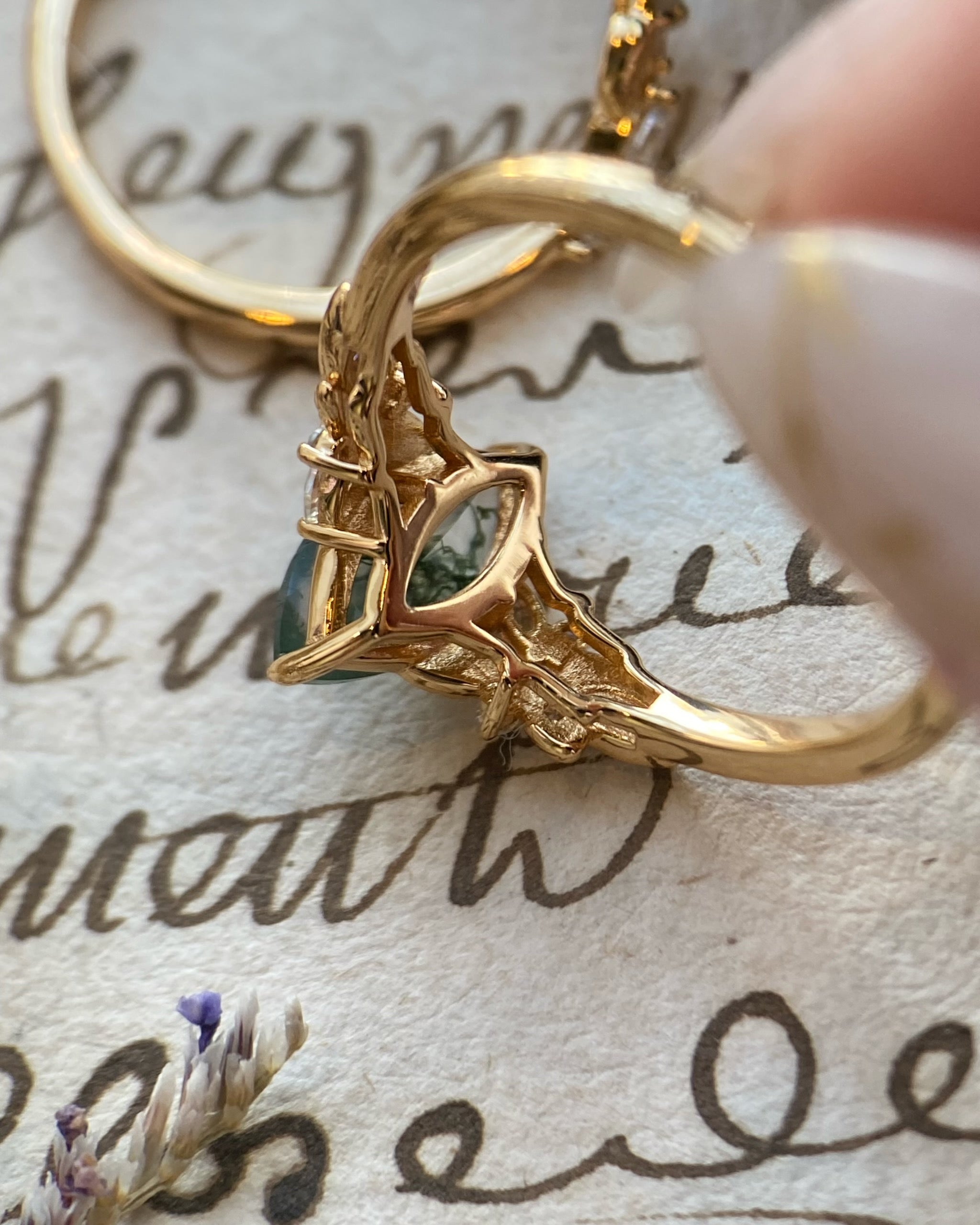Melia | Unique Handmade Marquise Natural Moss Agate Engagement Ring Set Nature Vine Leaf Ring