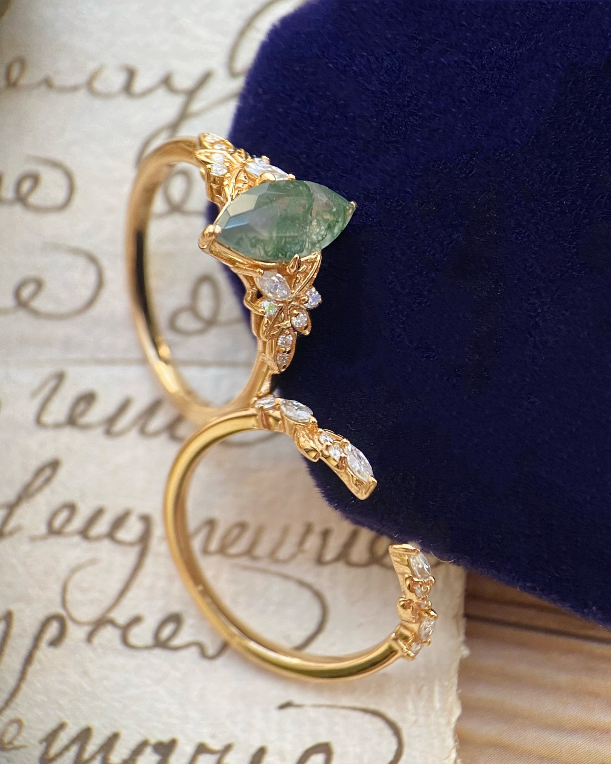 Melia | Unique Handmade Marquise Natural Moss Agate Engagement Ring Set Nature Vine Leaf Ring