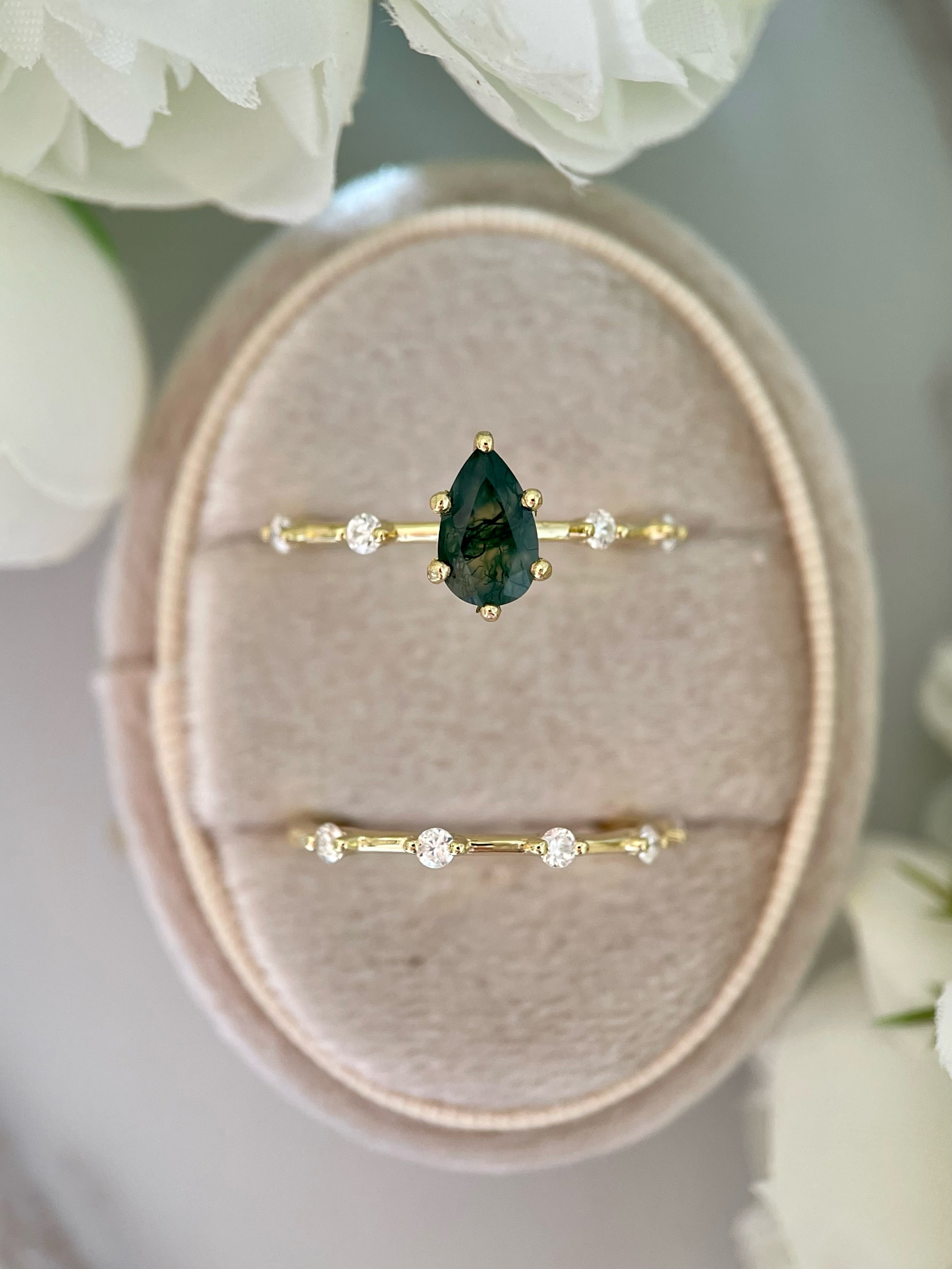 【Verdent Promise】Ensemble de 2 bagues de fiançailles uniques, faites à la main, en agate mousse naturelle de 0,75 ct, forme poire