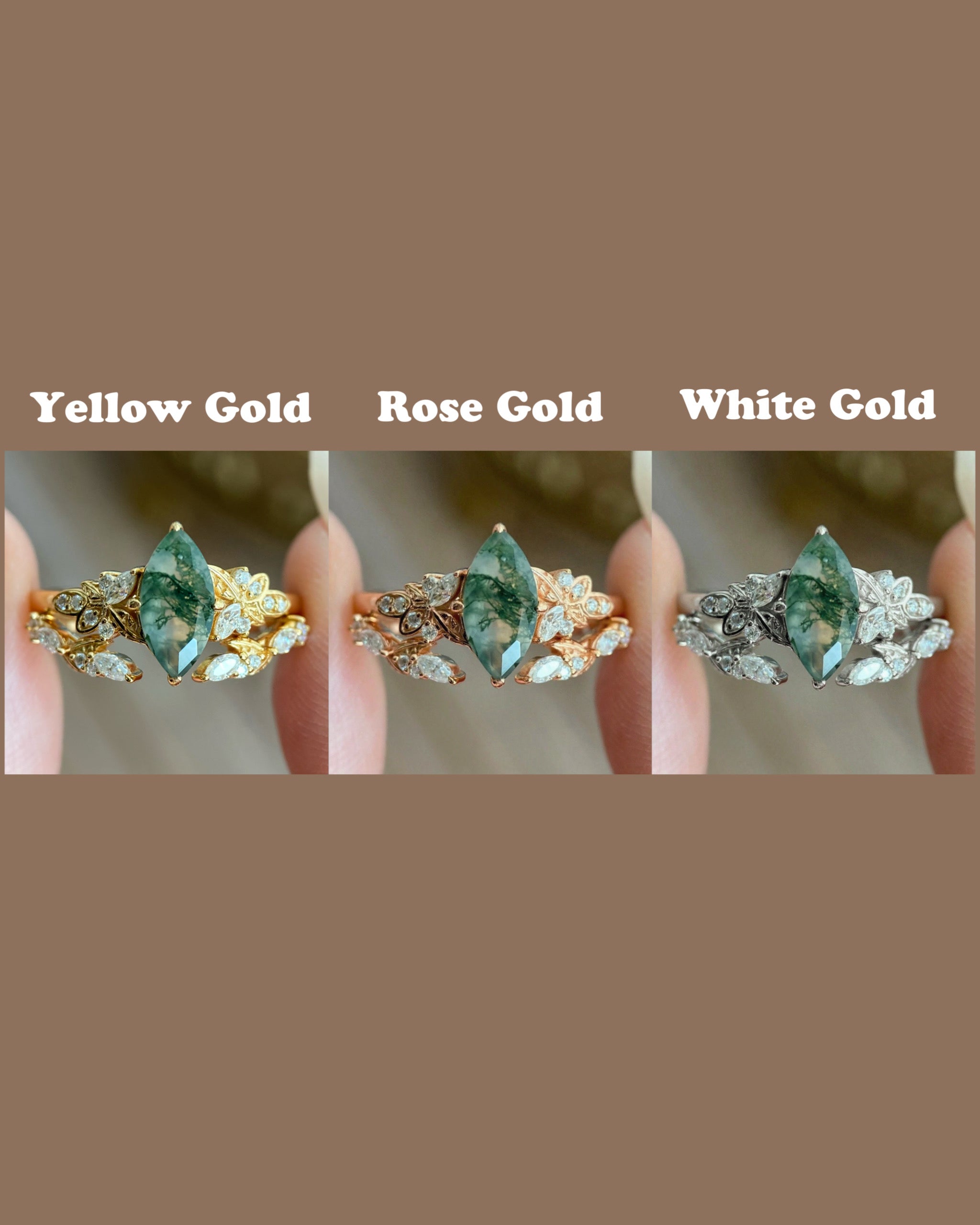 Melia | Unique Handmade Marquise Natural Moss Agate Engagement Ring Set Nature Vine Leaf Ring