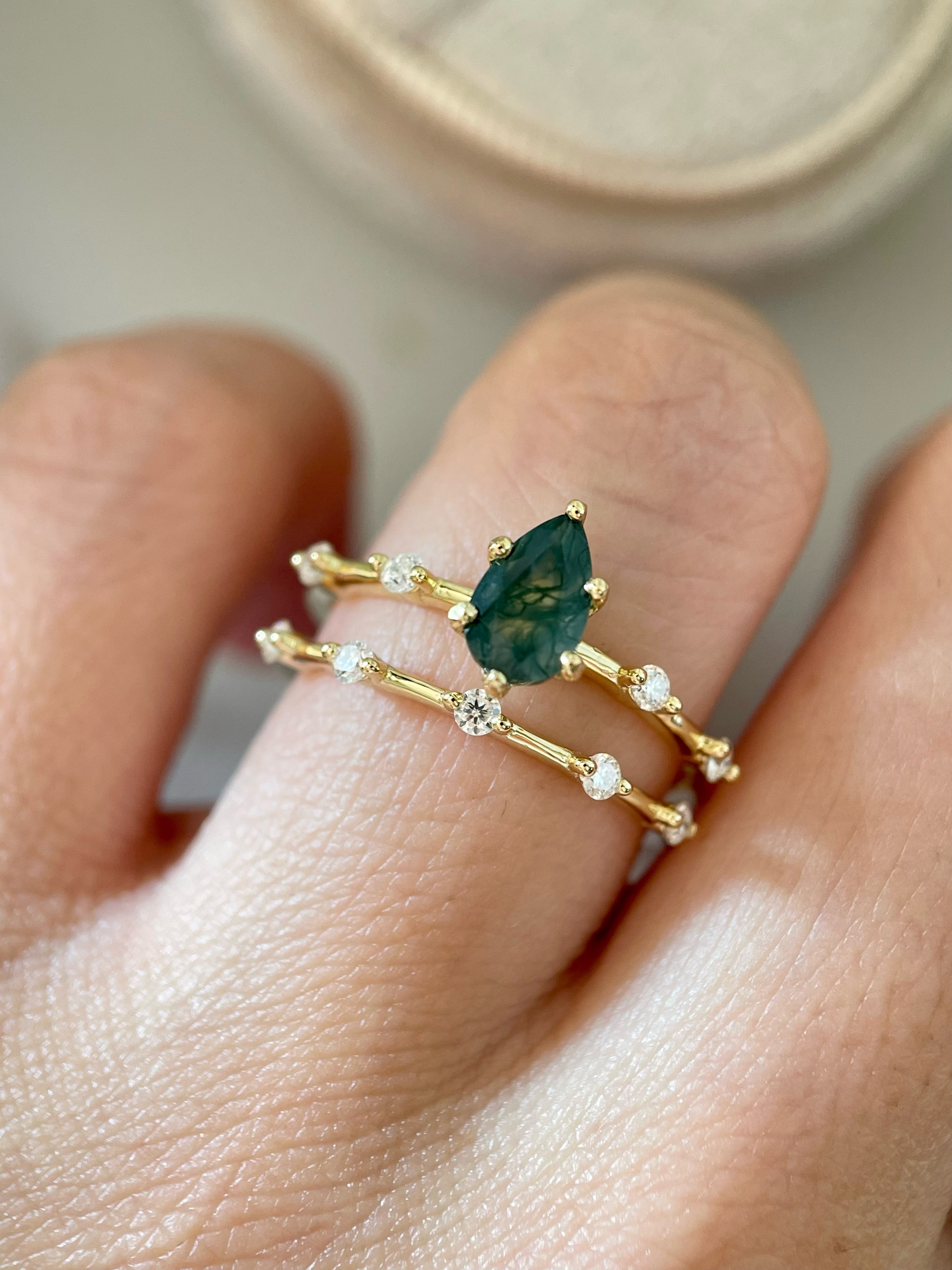 【Verdent Promise】Ensemble de 2 bagues de fiançailles uniques, faites à la main, en agate mousse naturelle de 0,75 ct, forme poire