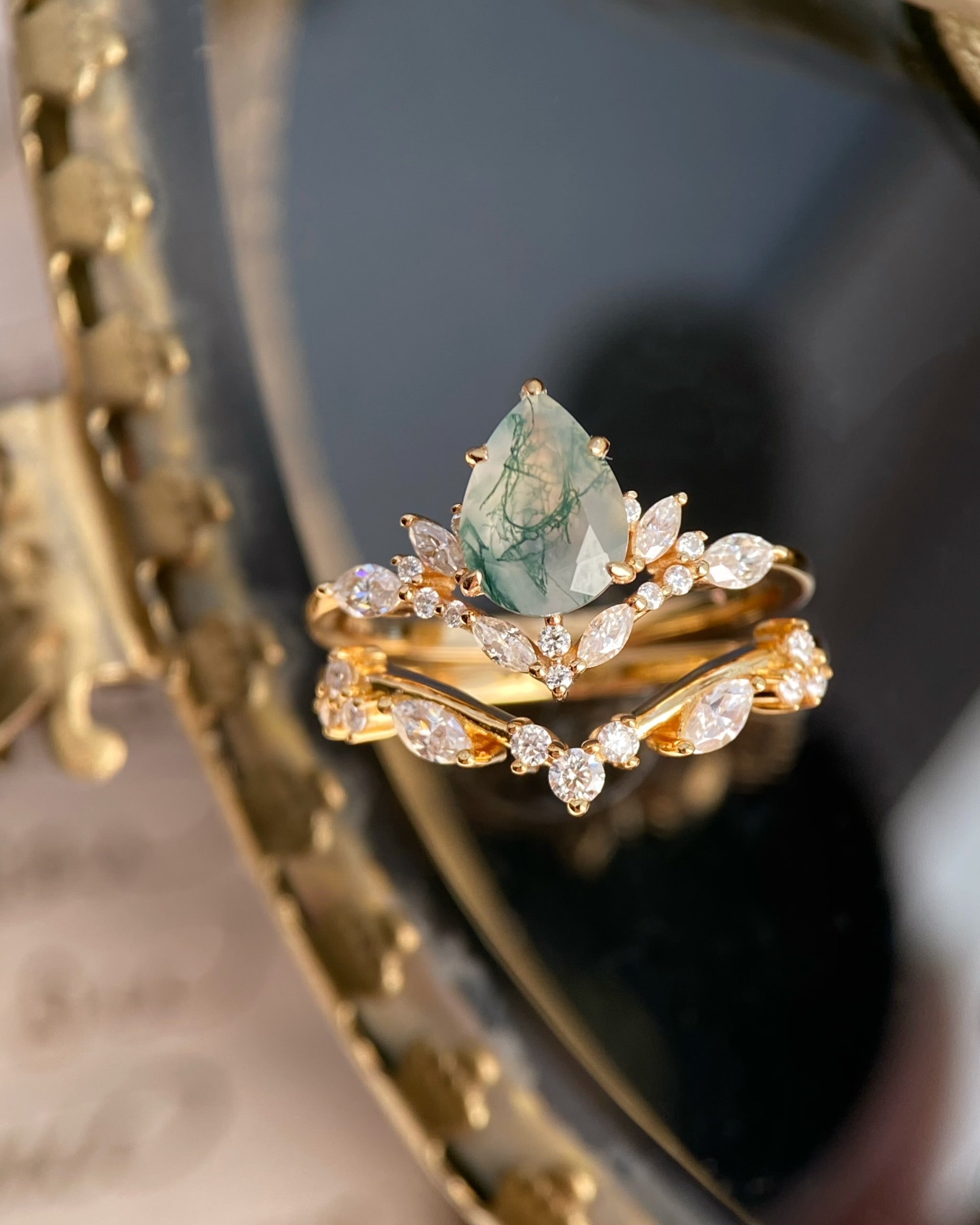 Lysandra | Unique Handmade Pear Shape Natural Moss Agate Engagement Ring Set Elven Leaf Ring
