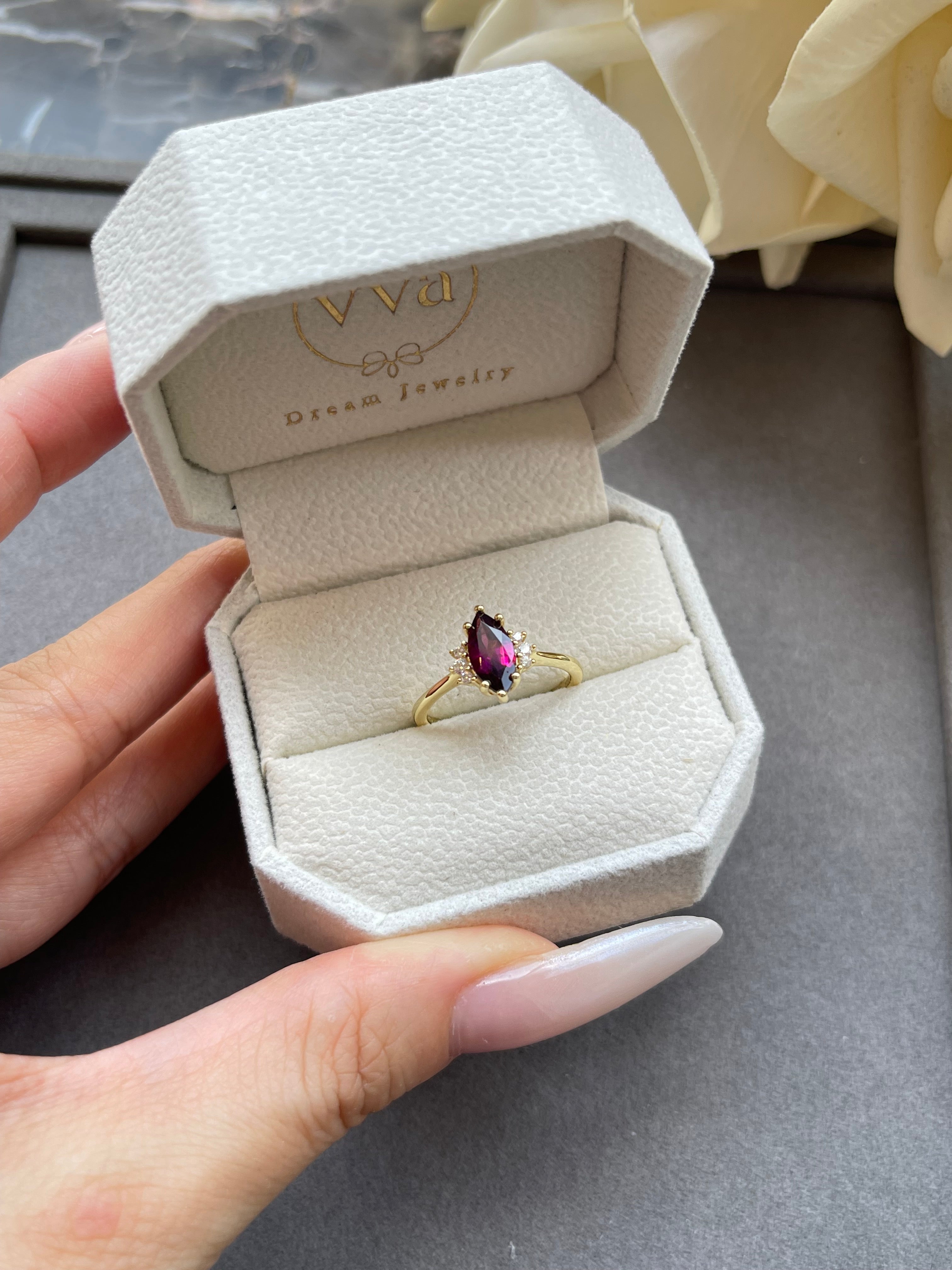 【Octavia】Handmade Natural Rhodolite Garnet Engagement Ring Marquise Cut 1ct