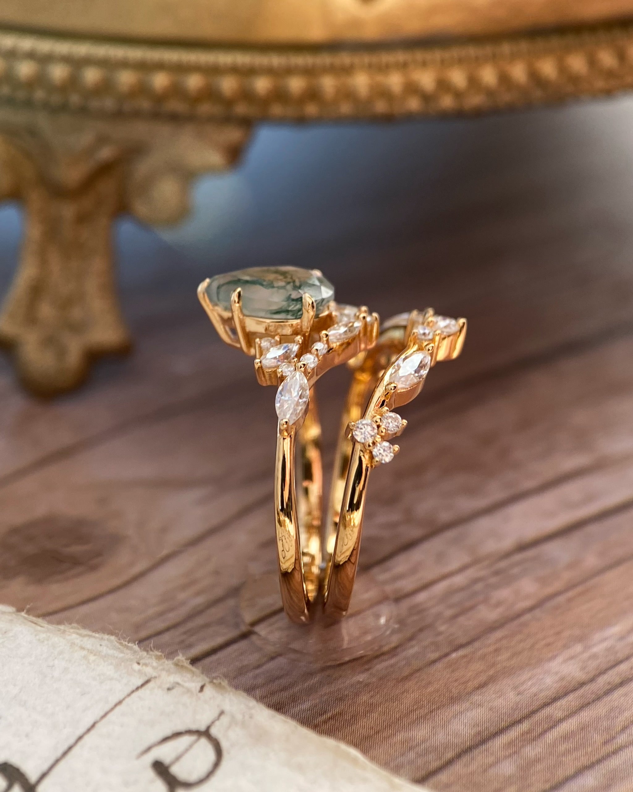 Lysandra | Unique Handmade Pear Shape Natural Moss Agate Engagement Ring Set Elven Leaf Ring