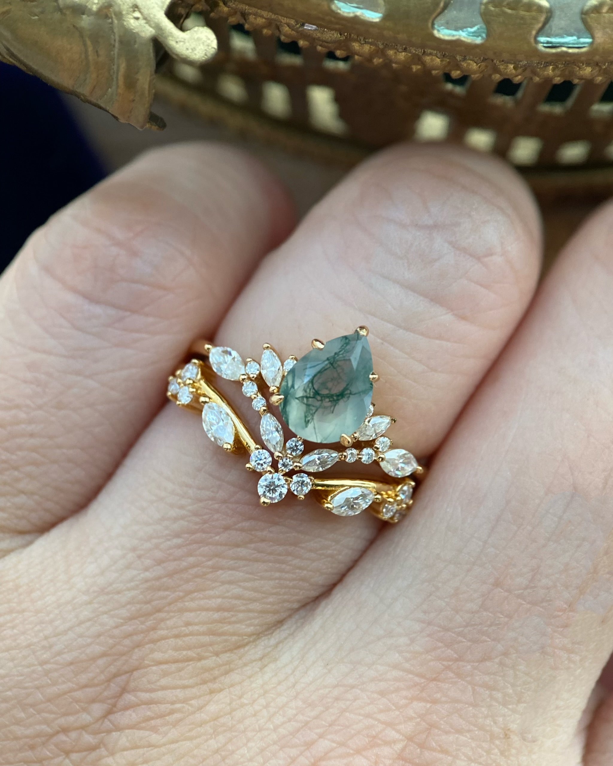 Lysandra | Unique Handmade Pear Shape Natural Moss Agate Engagement Ring Set Elven Leaf Ring