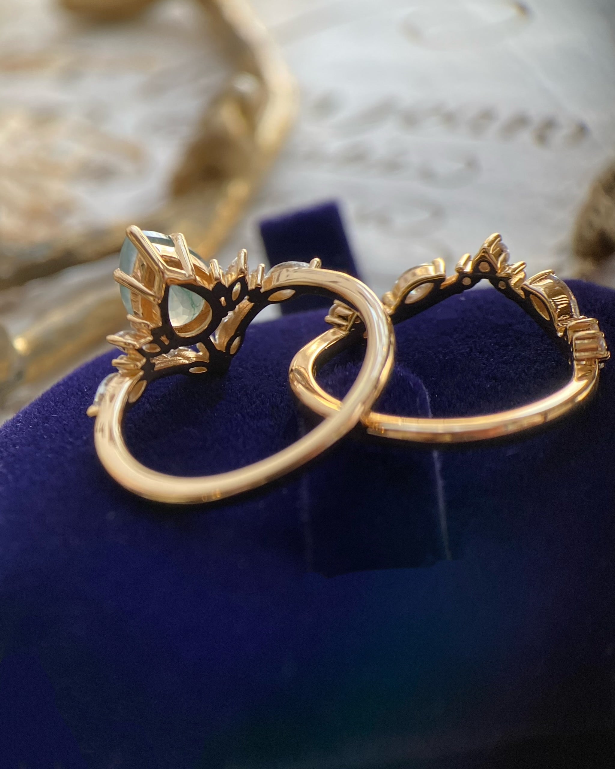 Lysandra | Unique Handmade Pear Shape Natural Moss Agate Engagement Ring Set Elven Leaf Ring