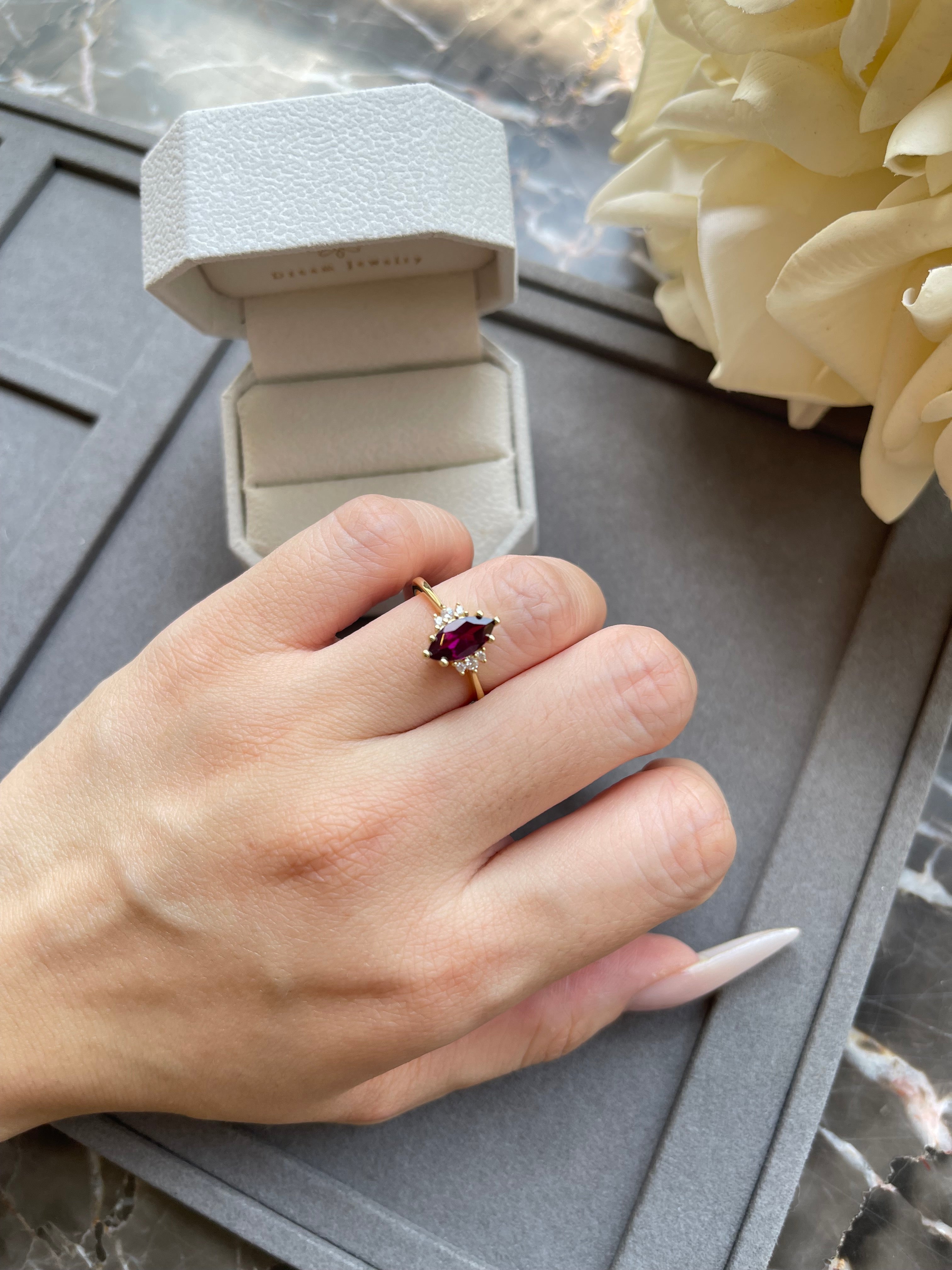 【Octavia】Handmade Natural Rhodolite Garnet Engagement Ring Marquise Cut 1ct