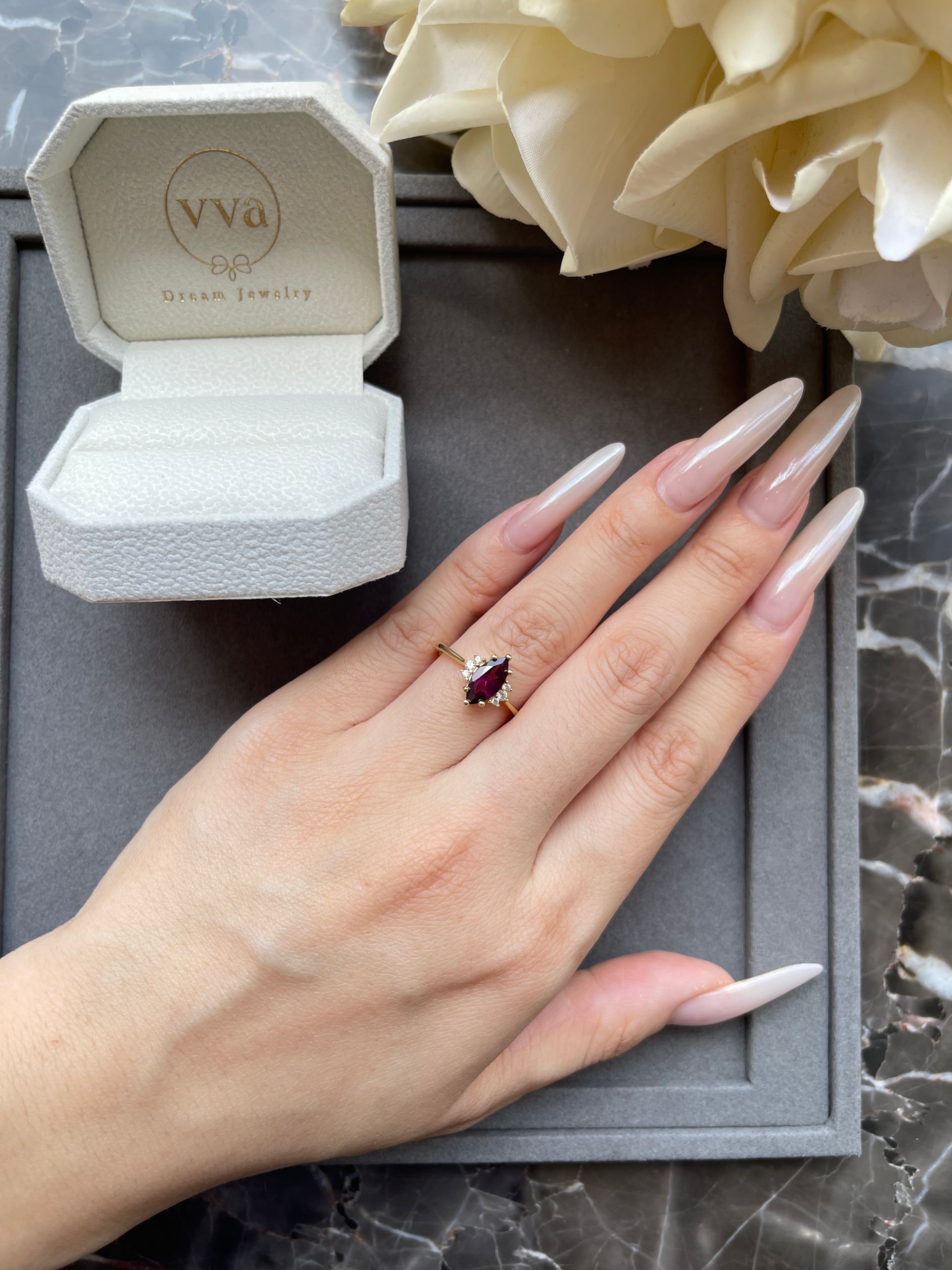 【Octavia】Handmade Natural Rhodolite Garnet Engagement Ring Marquise Shape 1ct