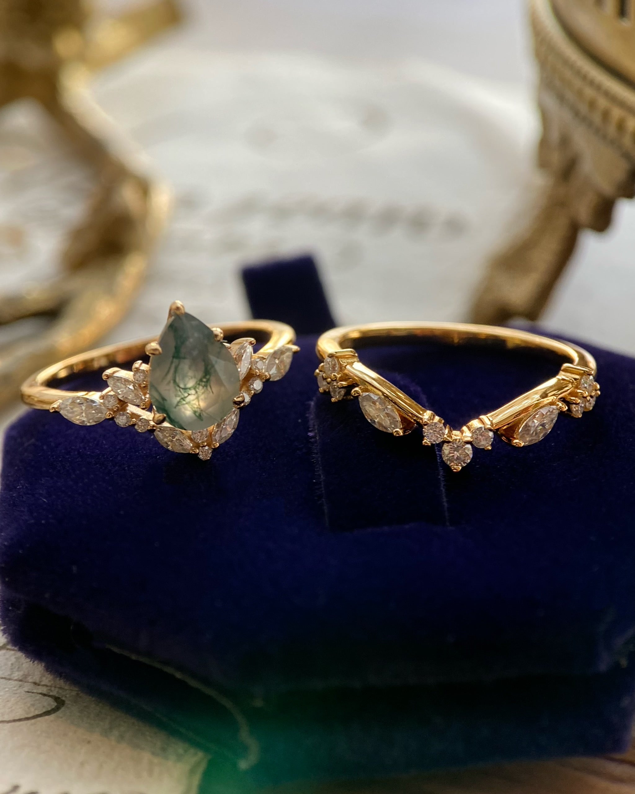 Lysandra | Unique Handmade Pear Shape Natural Moss Agate Engagement Ring Set Elven Leaf Ring