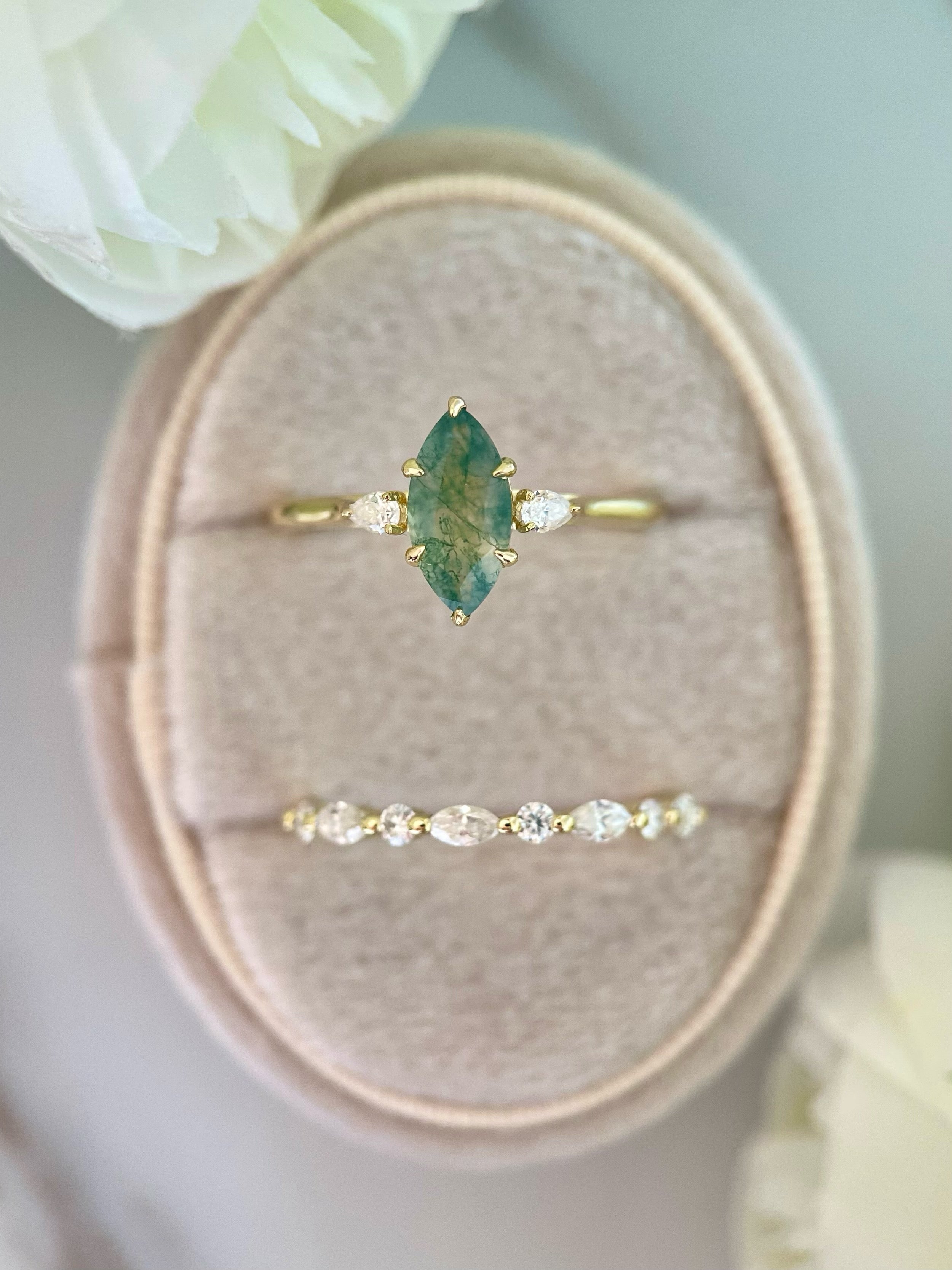 【Cordelia】Unique Handmade Natural Moss Agate Engagement Ring Set 2pcs 1ct Marquise Cut