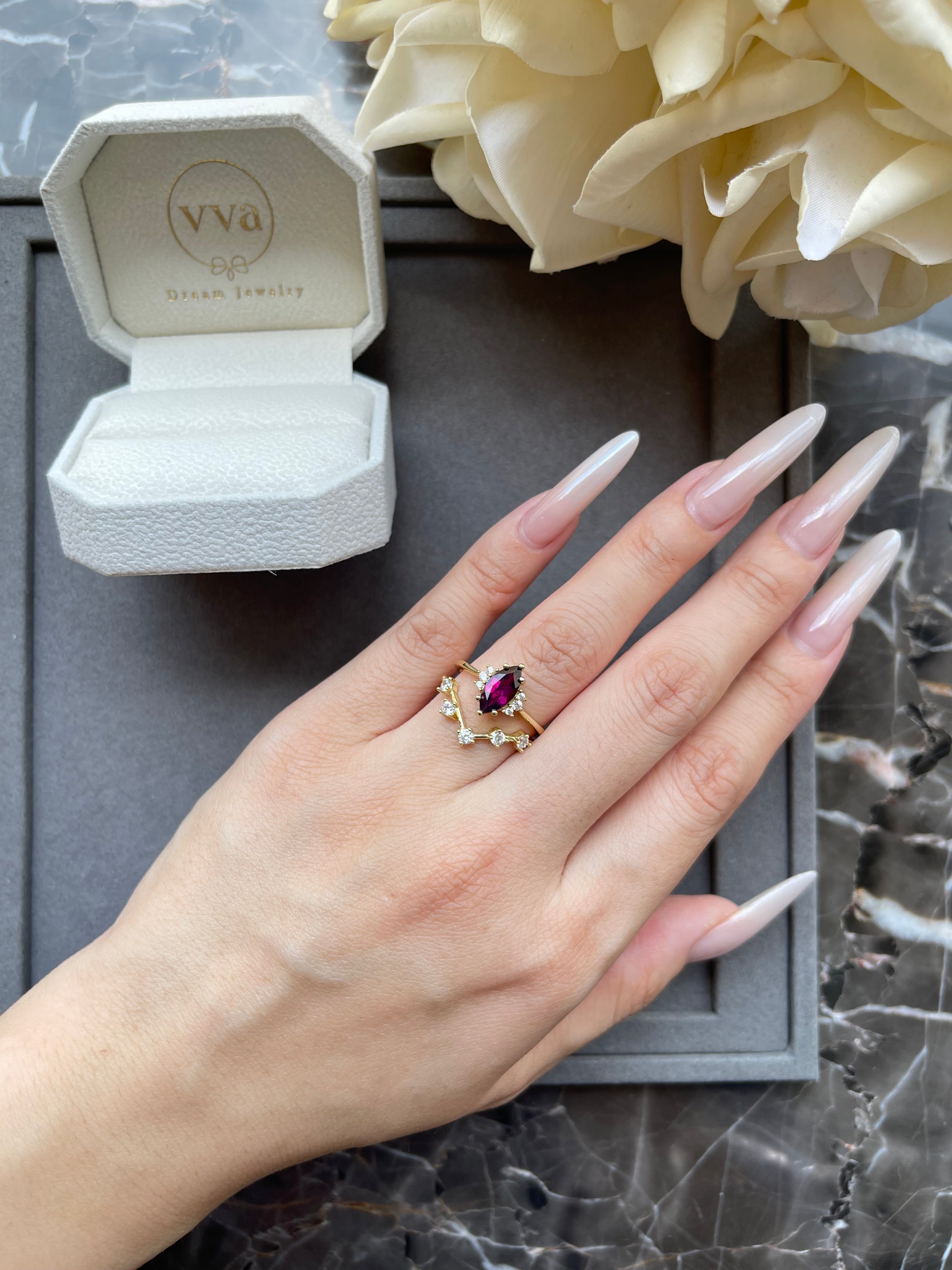 【Octavia SET】Handmade Natural Rhodolite Garnet Engagement Ring Set 3pcs Marquise Cut 1ct