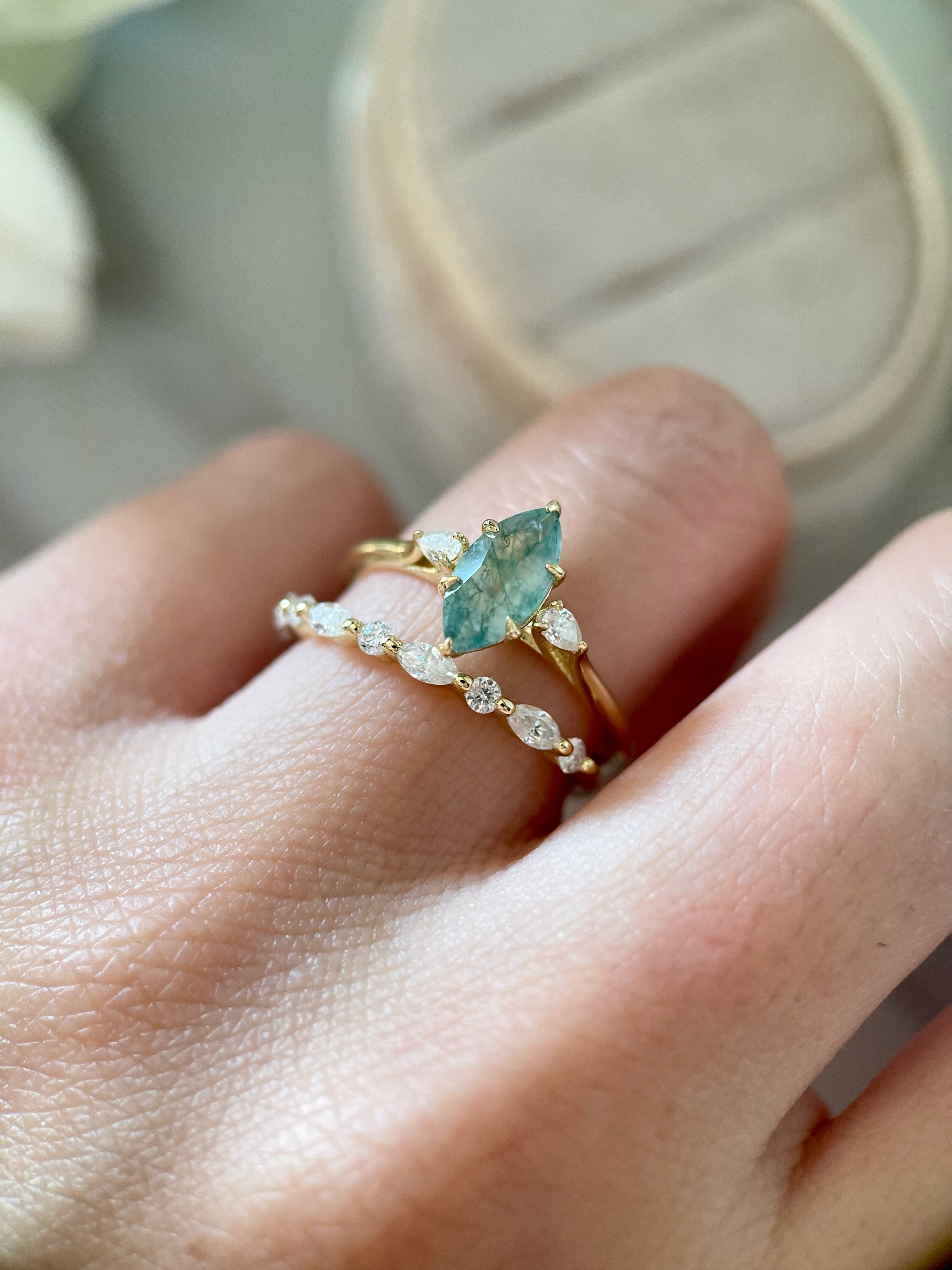 【Cordelia】Unique Handmade Natural Moss Agate Engagement Ring Set 2pcs 1ct Marquise Cut
