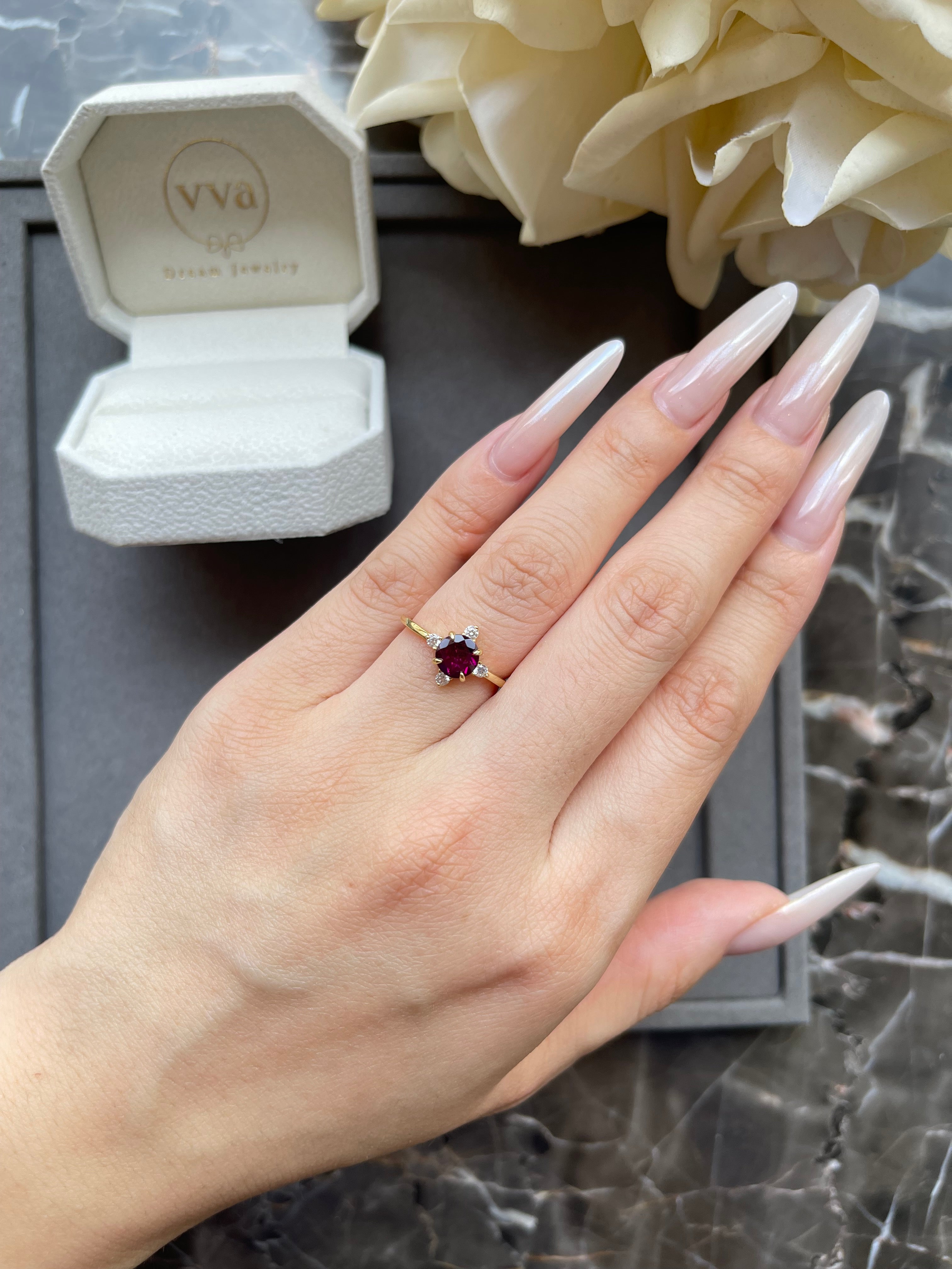 【FREYA SET】Unique Handmade Natural Rhodolite Garnet Engagement Ring Set 2pcs Round Shape 0.8ct