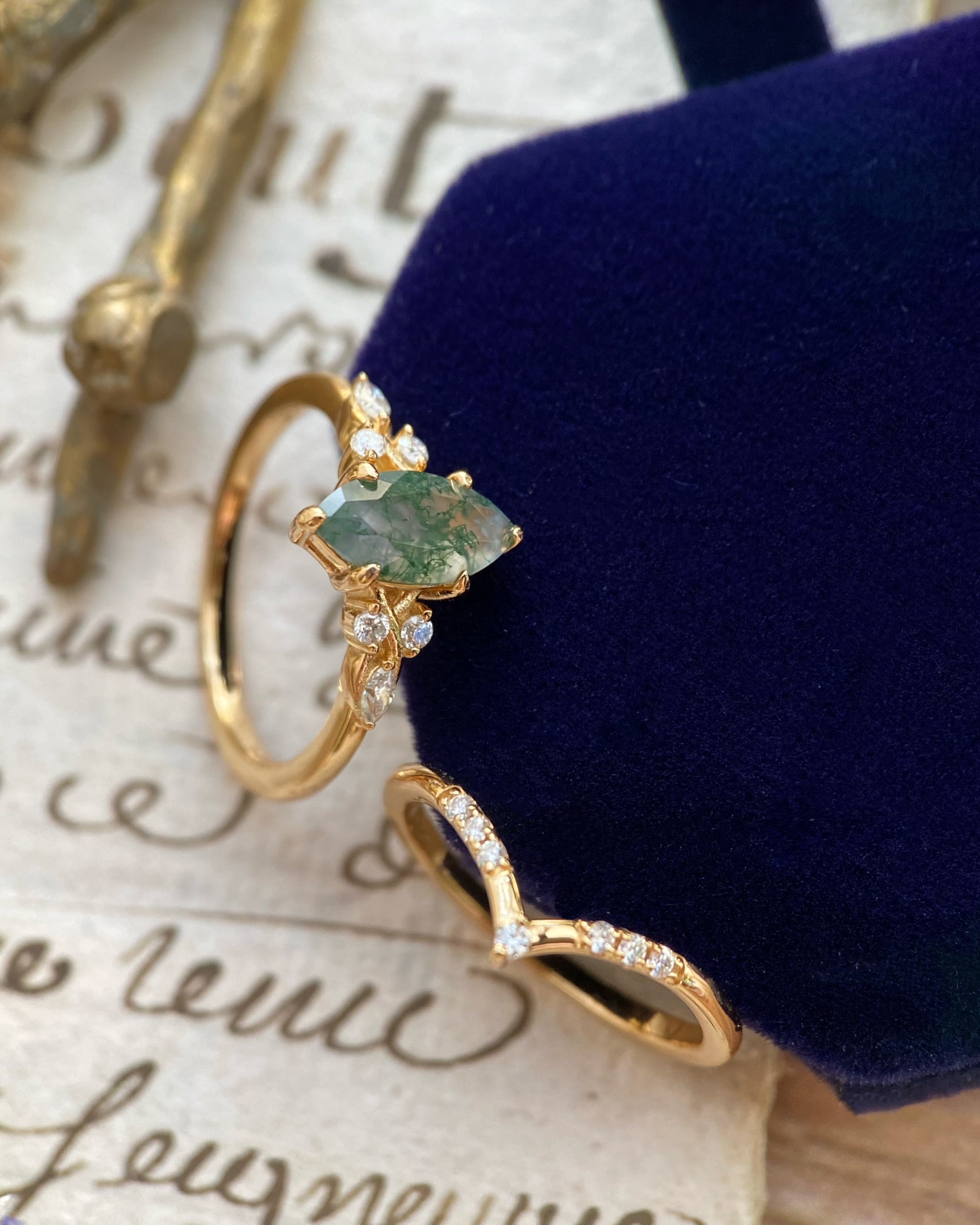 Evadne | Vintage Unique Handmade Marquise Natural Moss Agate Engagement Ring Set