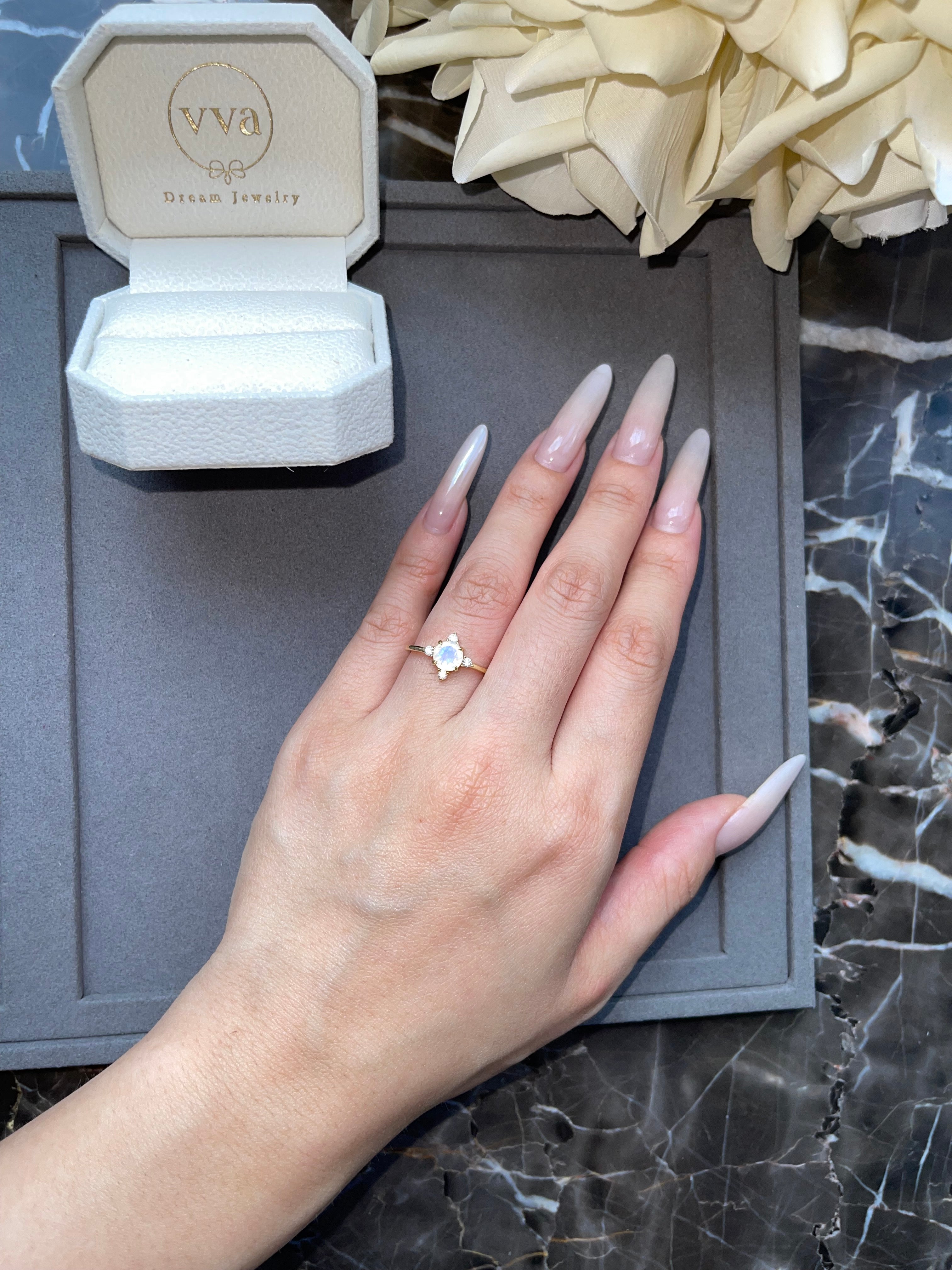 【ARIADNE】Unique Handmade Natural Blue Moonstone Engagement Ring Round Shape 0.8ct