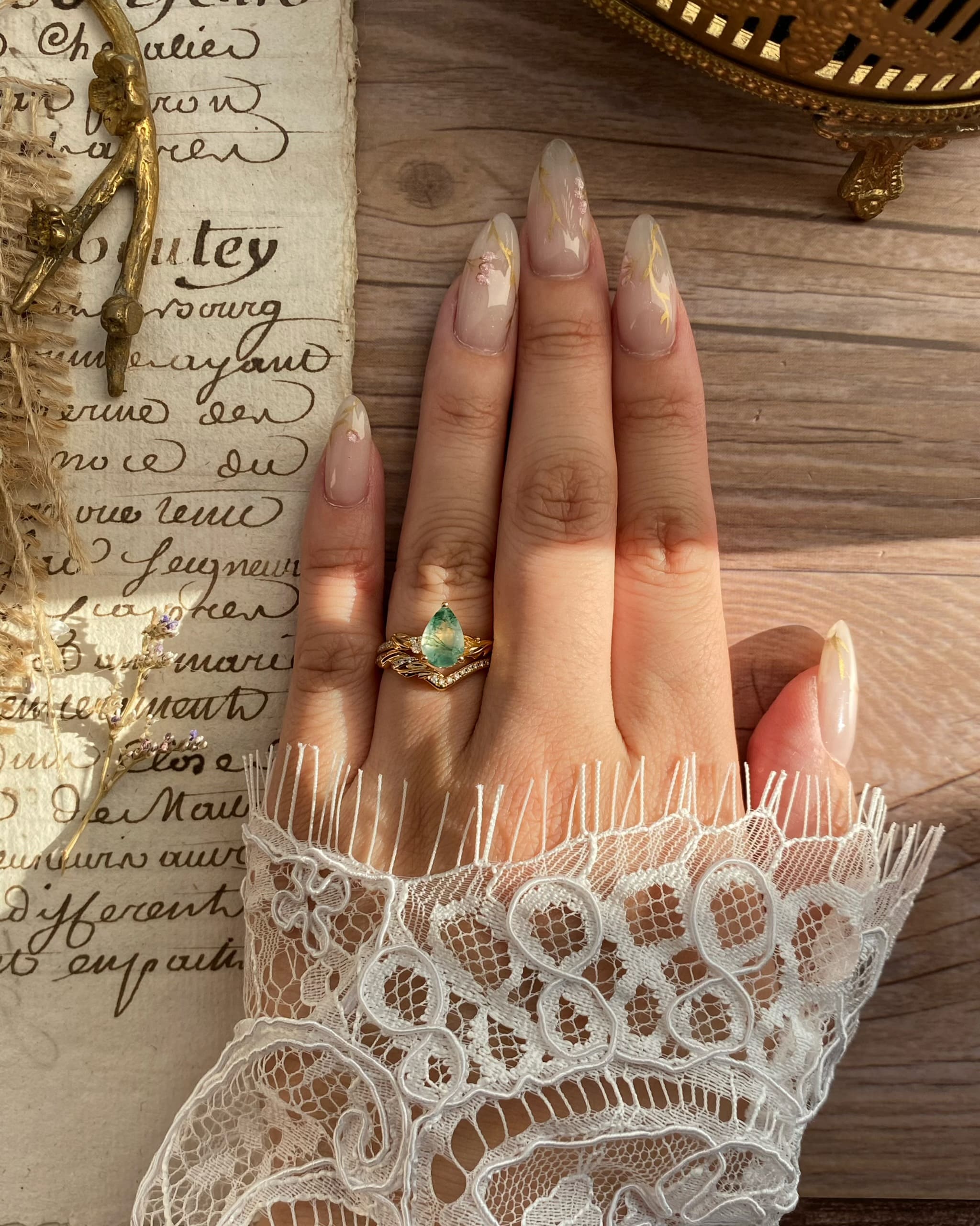 Nysa | Nature Inspired Unique Handmade Pear Cut Natural Moss Agate Engagement Ring Set Curved Leaf Band