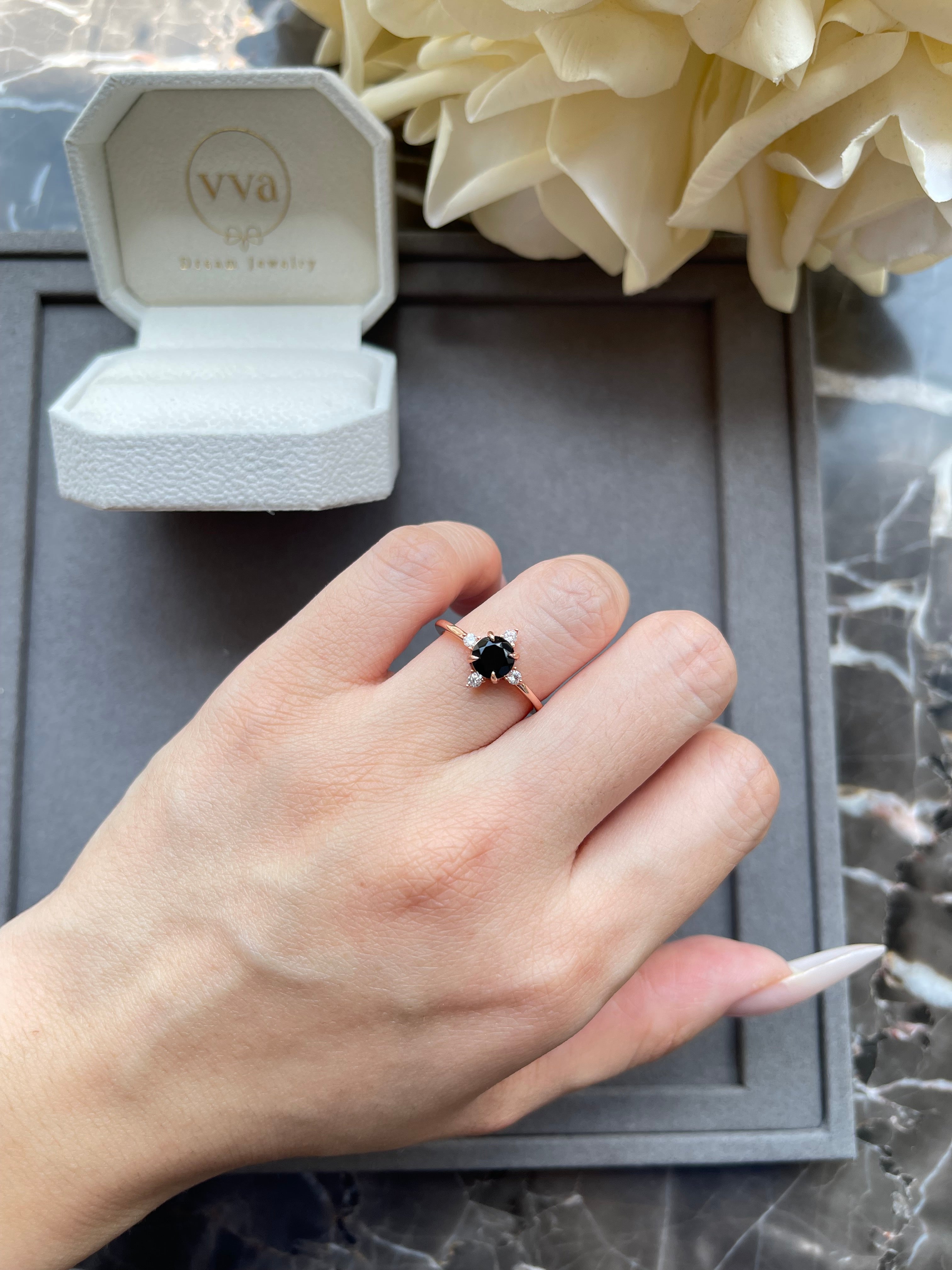 【HECATE】Unique Handmade Natural Black Onyx Engagement Ring Round Shape 0.8ct