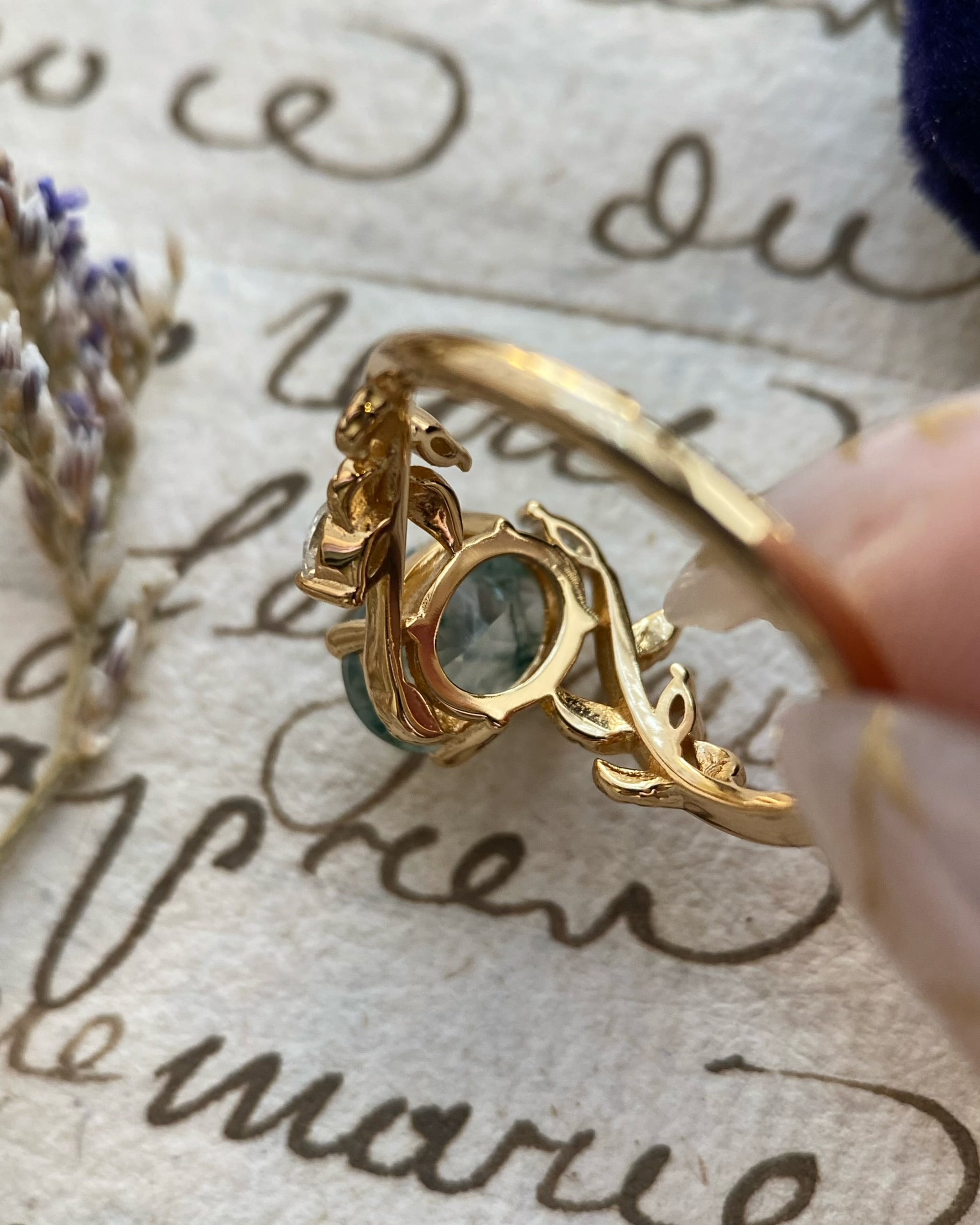 Chloris | Unique Handmade Oval Natural Moss Agate Engagement Ring Set With Curved Leaf Band
