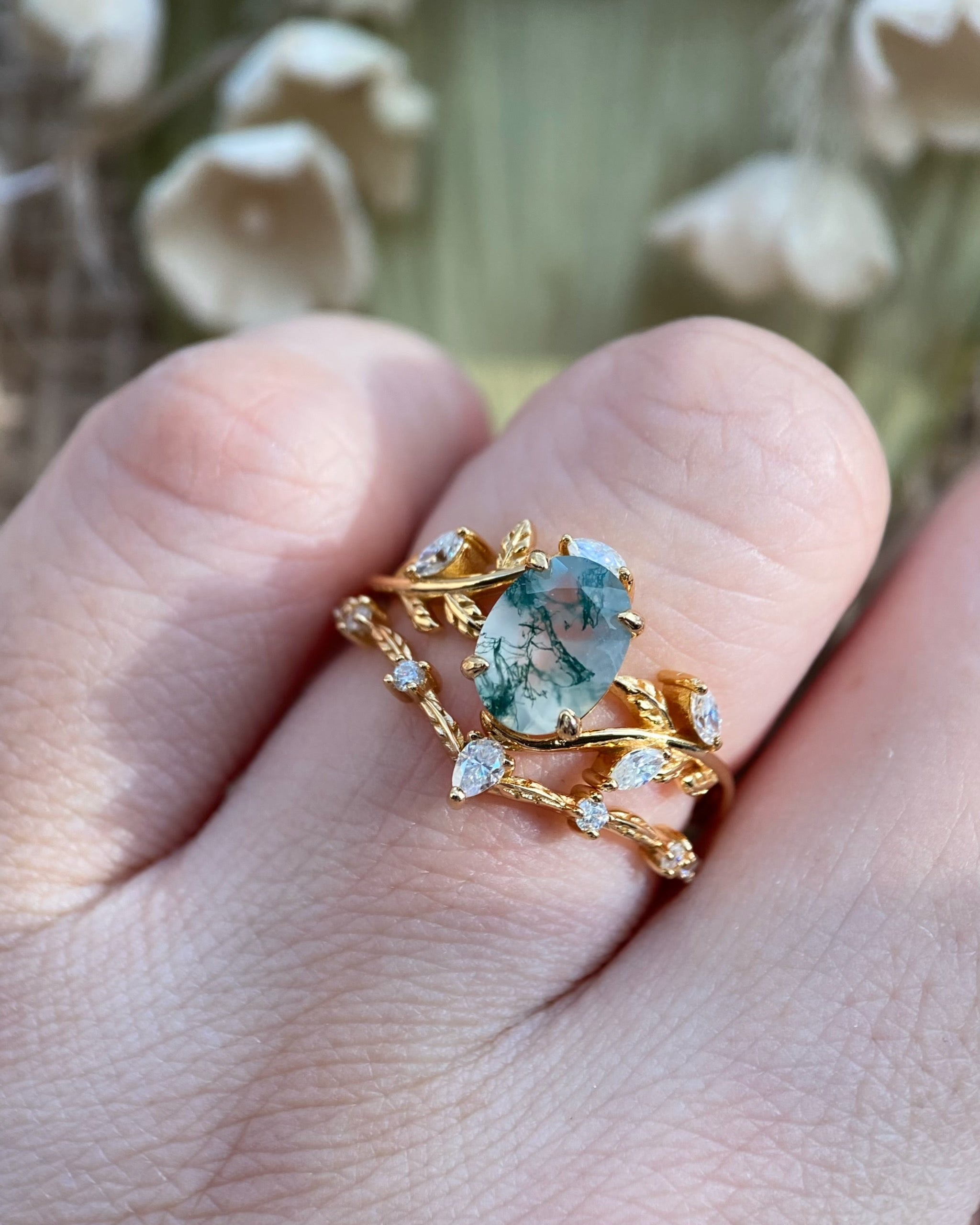Chloris | Unique Handmade Oval Natural Moss Agate Engagement Ring Set With Curved Leaf Band