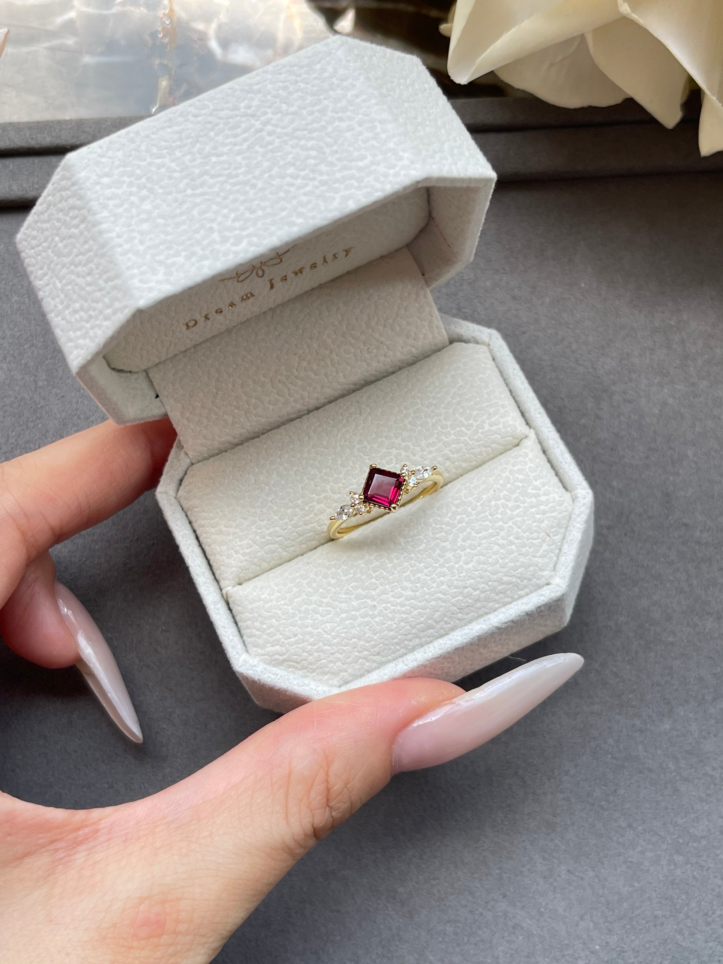 【ANTONIA】Handmade Natural Rhodolite Garnet Engagement Ring 0.75ct Princess Shape