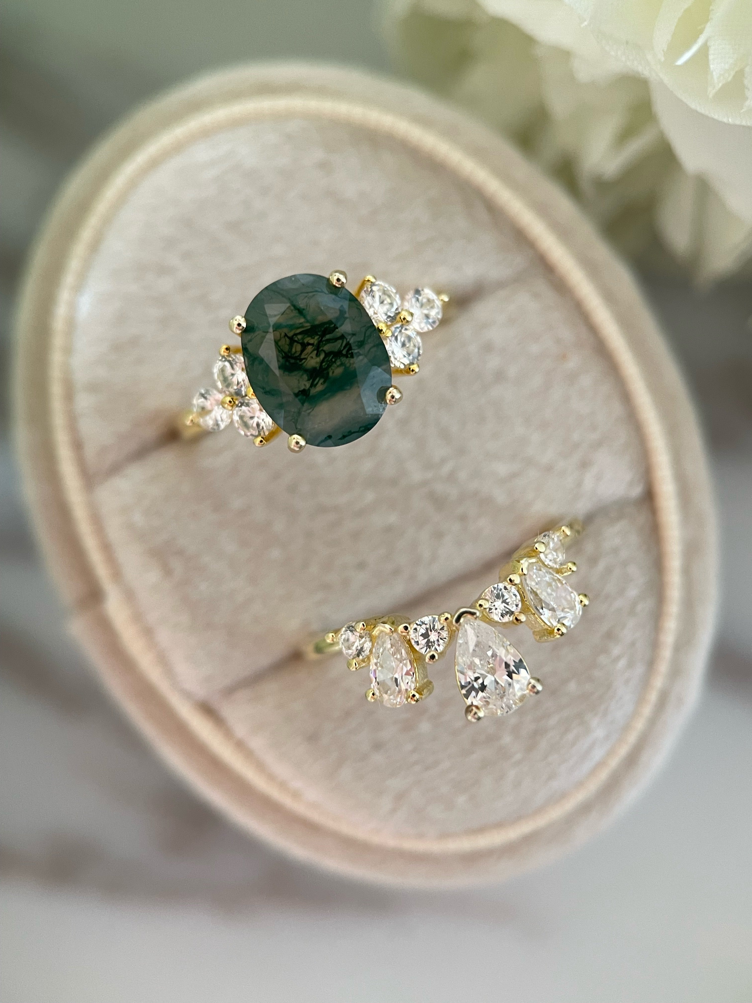 【ENSEMBLE ELOWEN】Ensemble de 2 bagues de fiançailles ovales en agate mousse naturelle, 3 carats, fabriquées à la main.