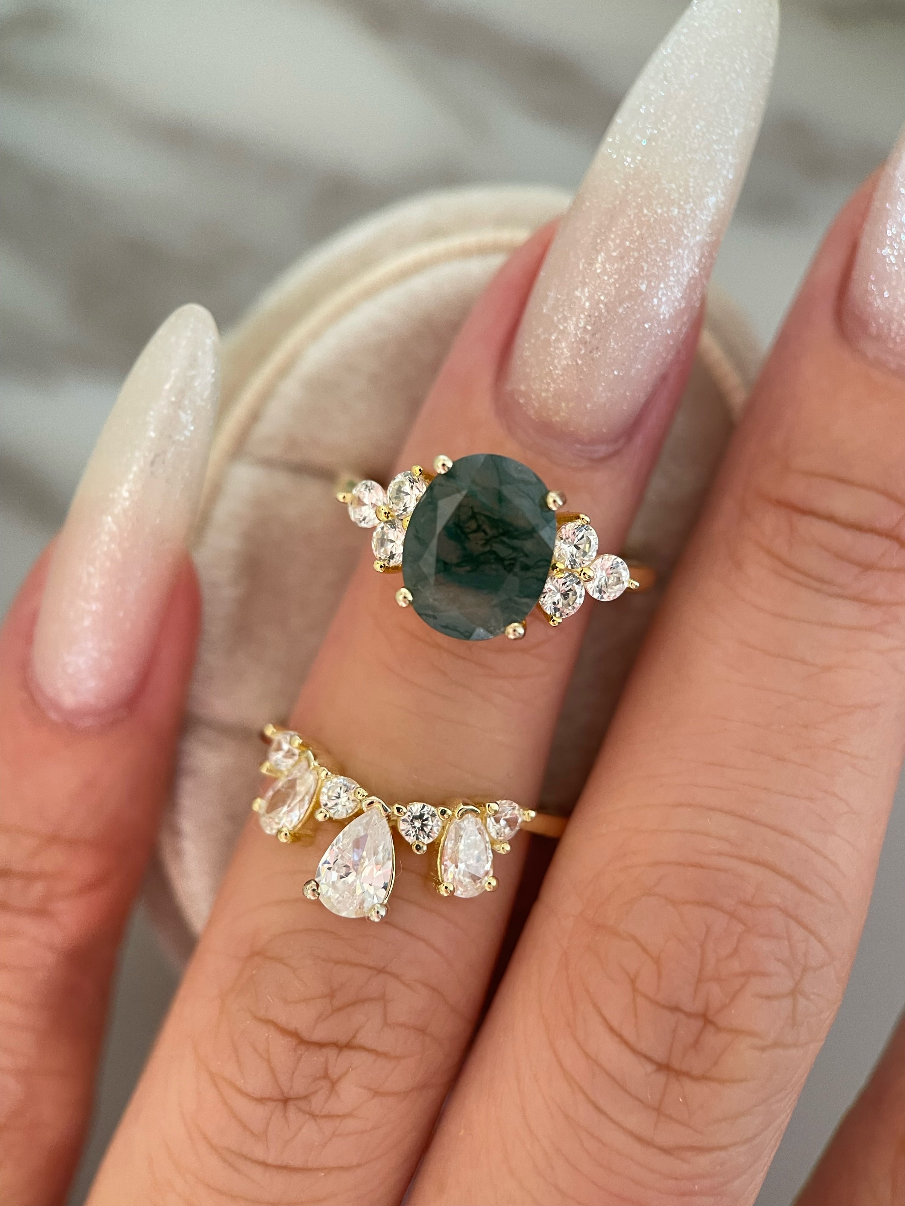 【ENSEMBLE ELOWEN】Ensemble de 2 bagues de fiançailles ovales en agate mousse naturelle, 3 carats, fabriquées à la main.