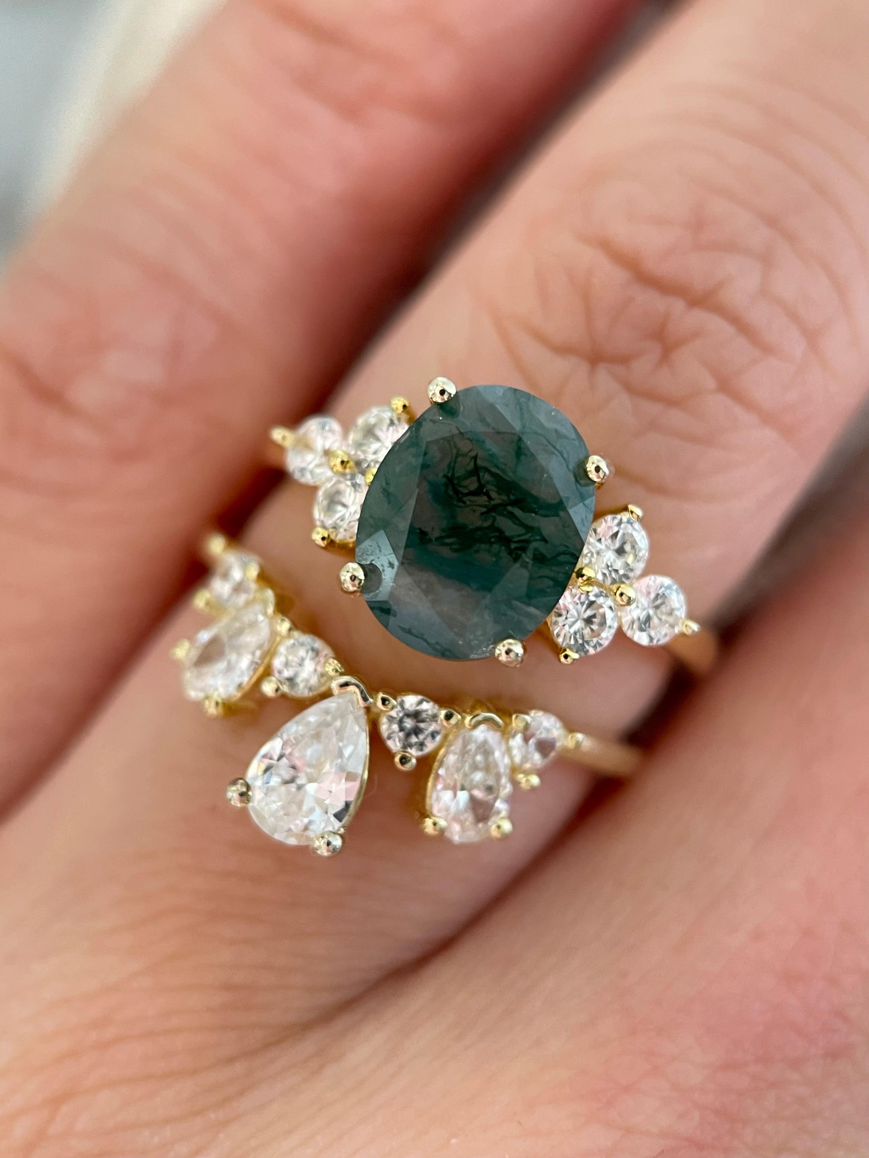 【ENSEMBLE ELOWEN】Ensemble de 2 bagues de fiançailles ovales en agate mousse naturelle, 3 carats, fabriquées à la main.