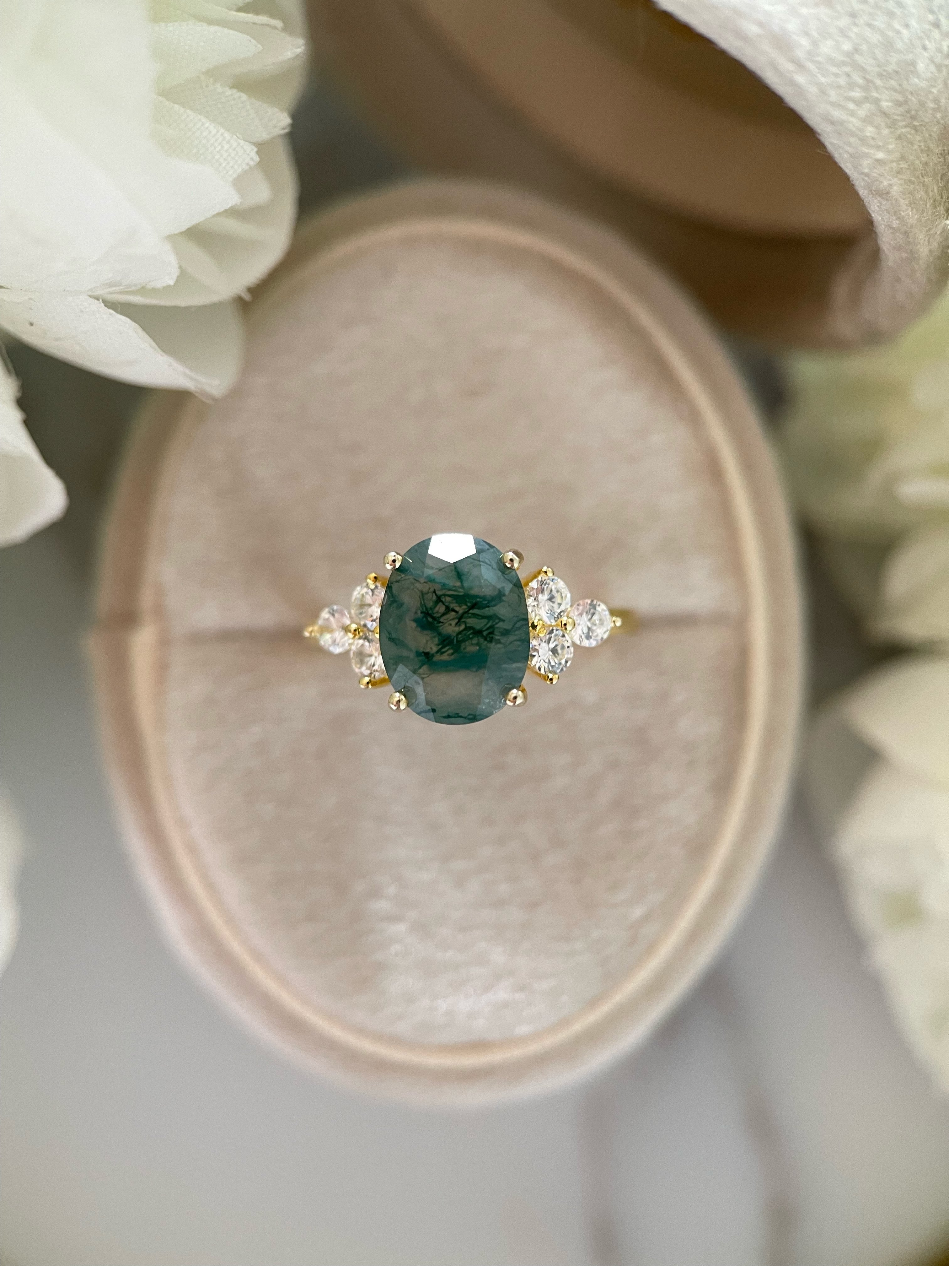 【ELOWEN】Bague de fiançailles unique, faite main, en agate mousse naturelle de forme ovale, 3 carats