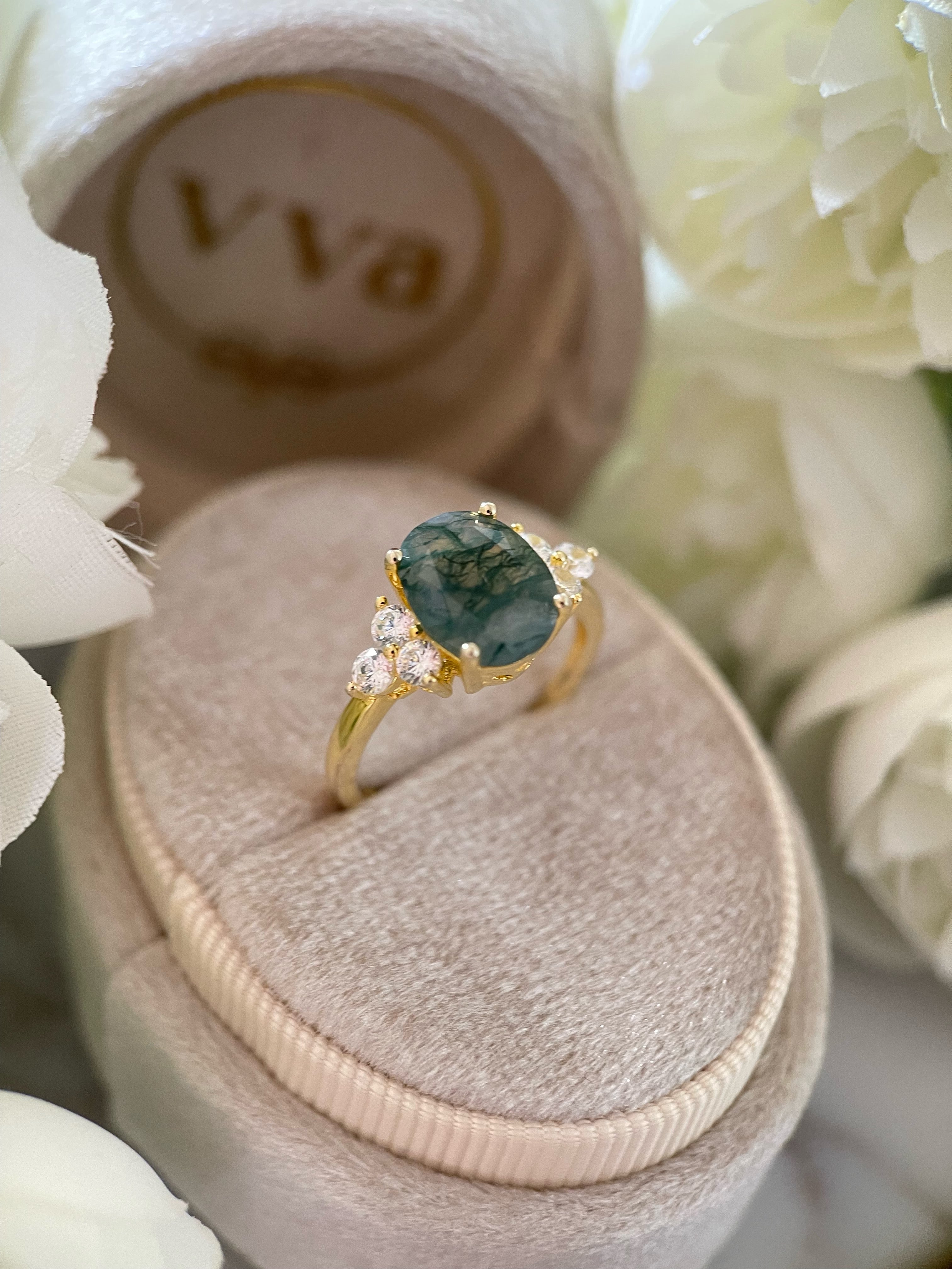 【ELOWEN】Bague de fiançailles unique, faite main, en agate mousse naturelle de forme ovale, 3 carats