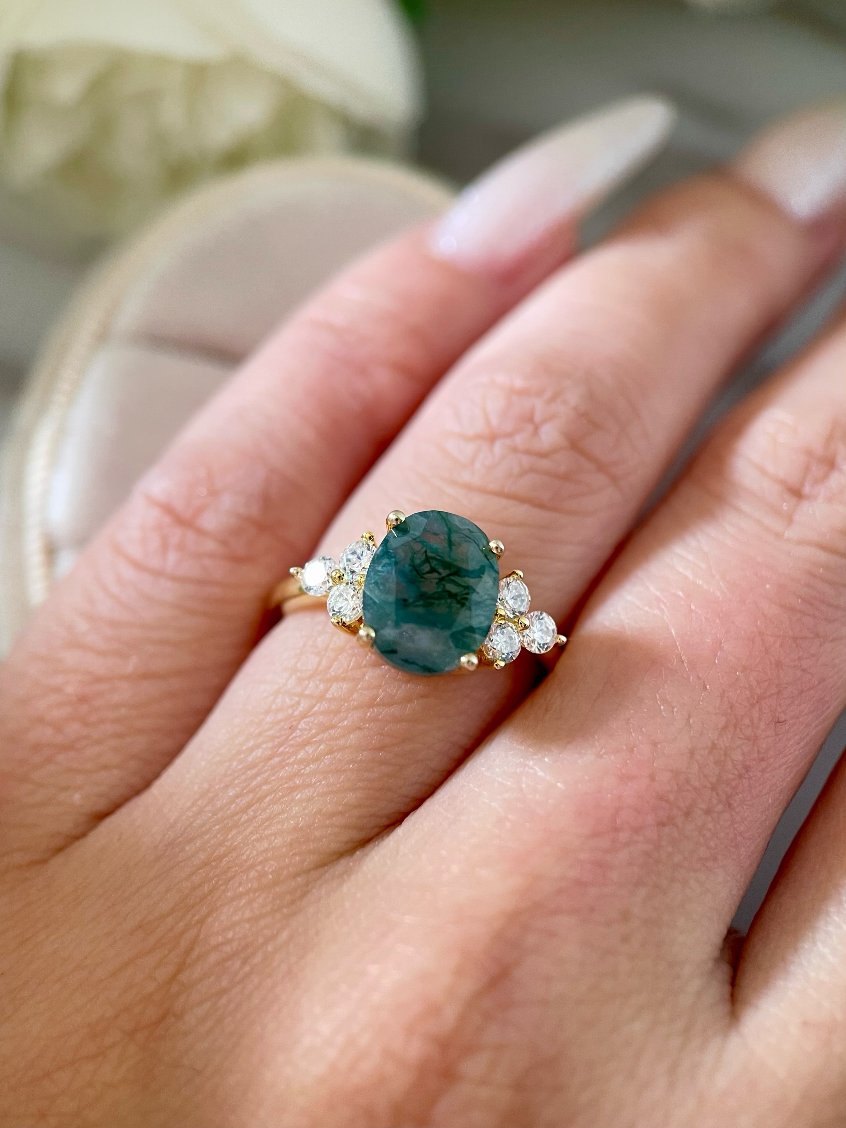 【ELOWEN】Bague de fiançailles unique, faite main, en agate mousse naturelle de forme ovale, 3 carats