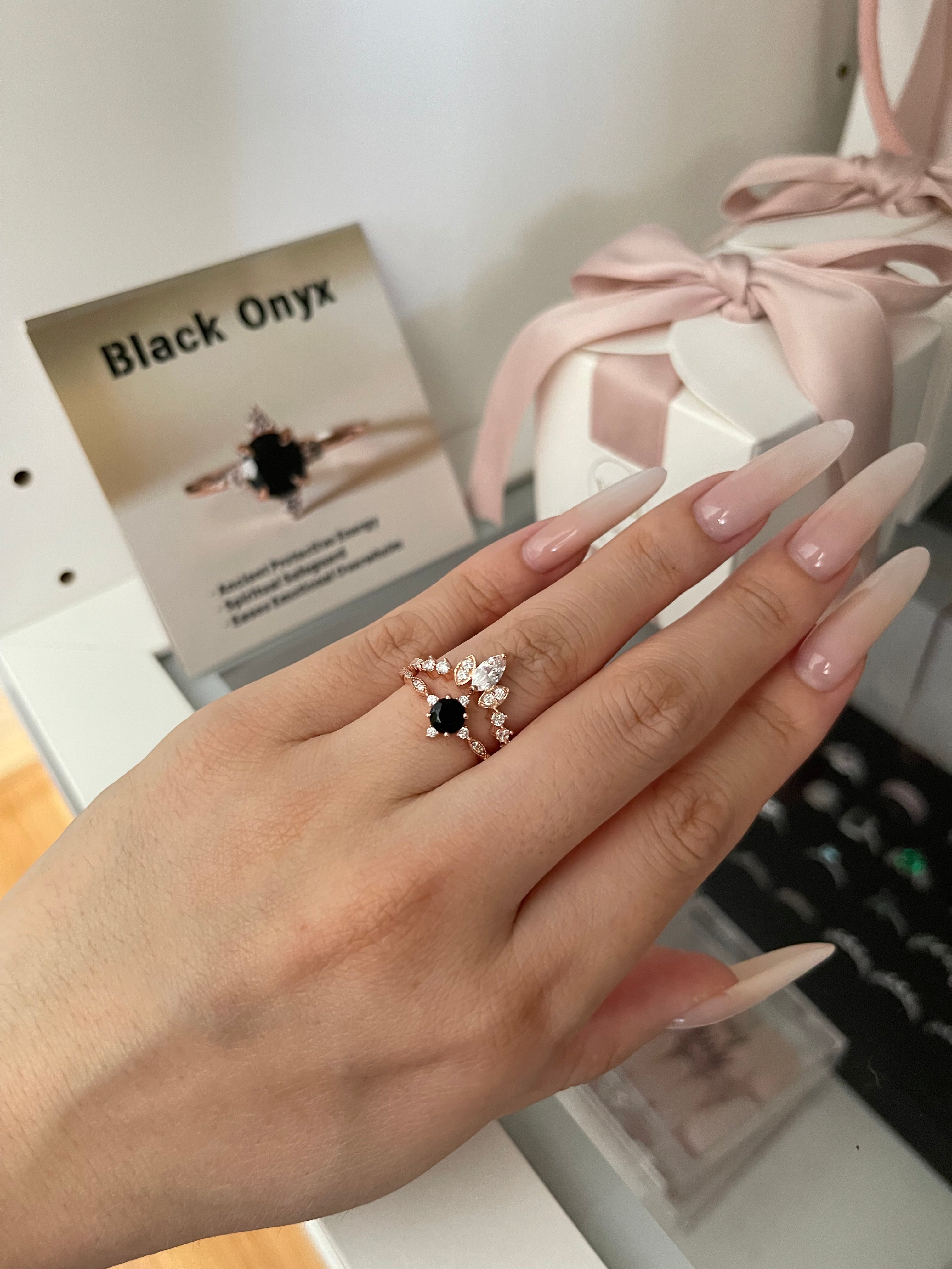【Nocturna】Handmade Natural Black Onyx Engagement Ring 0.5ct Round Shape
