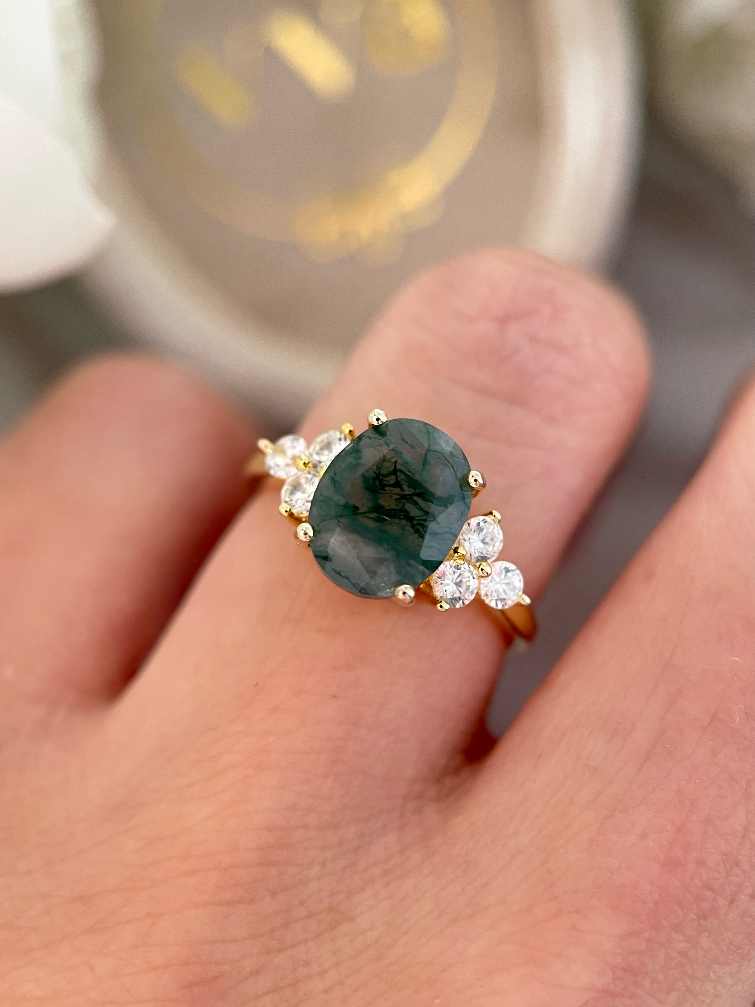 【ELOWEN】Bague de fiançailles unique, faite main, en agate mousse naturelle de forme ovale, 3 carats