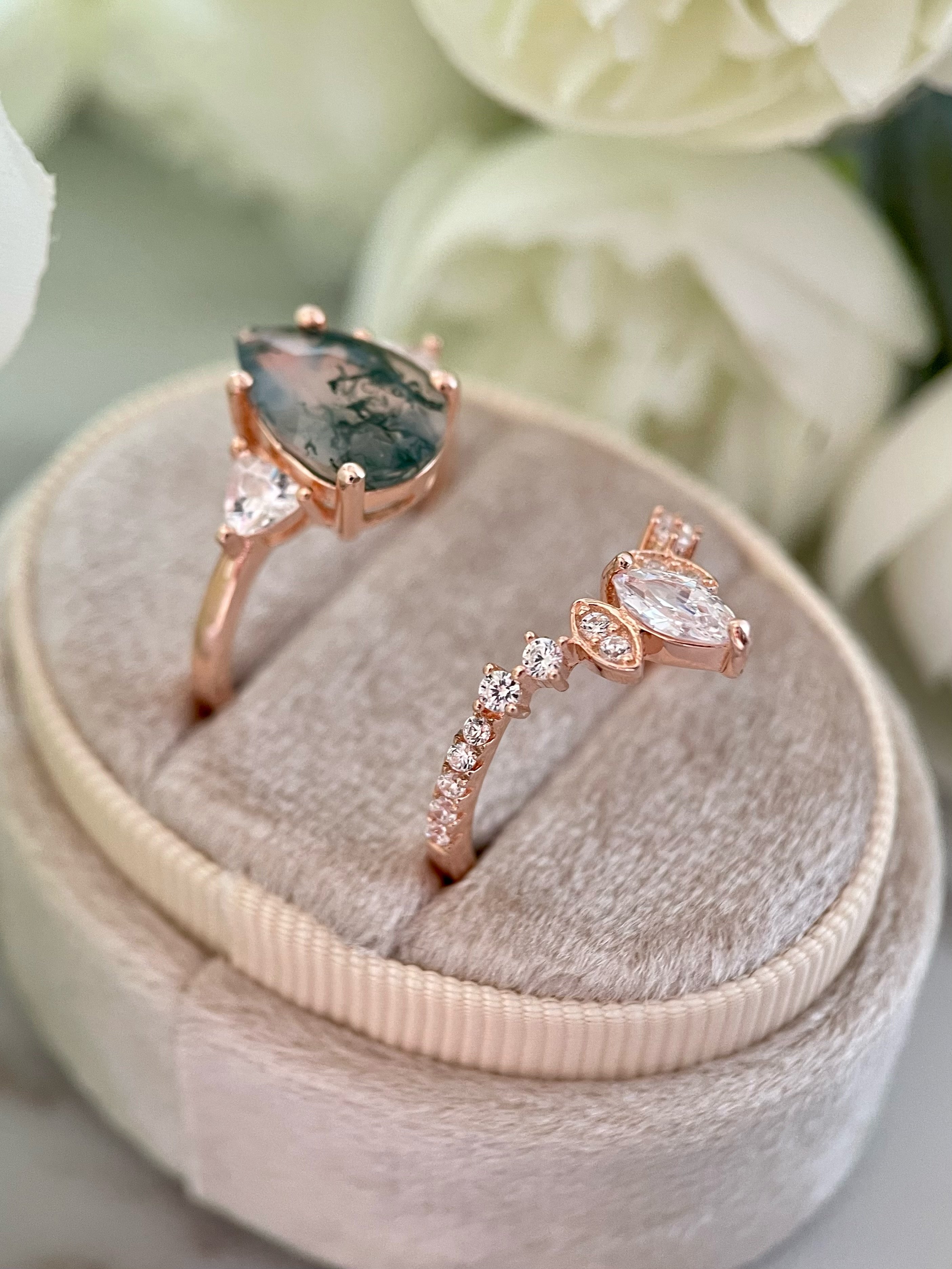 【ENSEMBLE NOISETTE】Ensemble de 2 bagues de fiançailles uniques, faites à la main, en agate mousse naturelle, 3 carats, forme poire