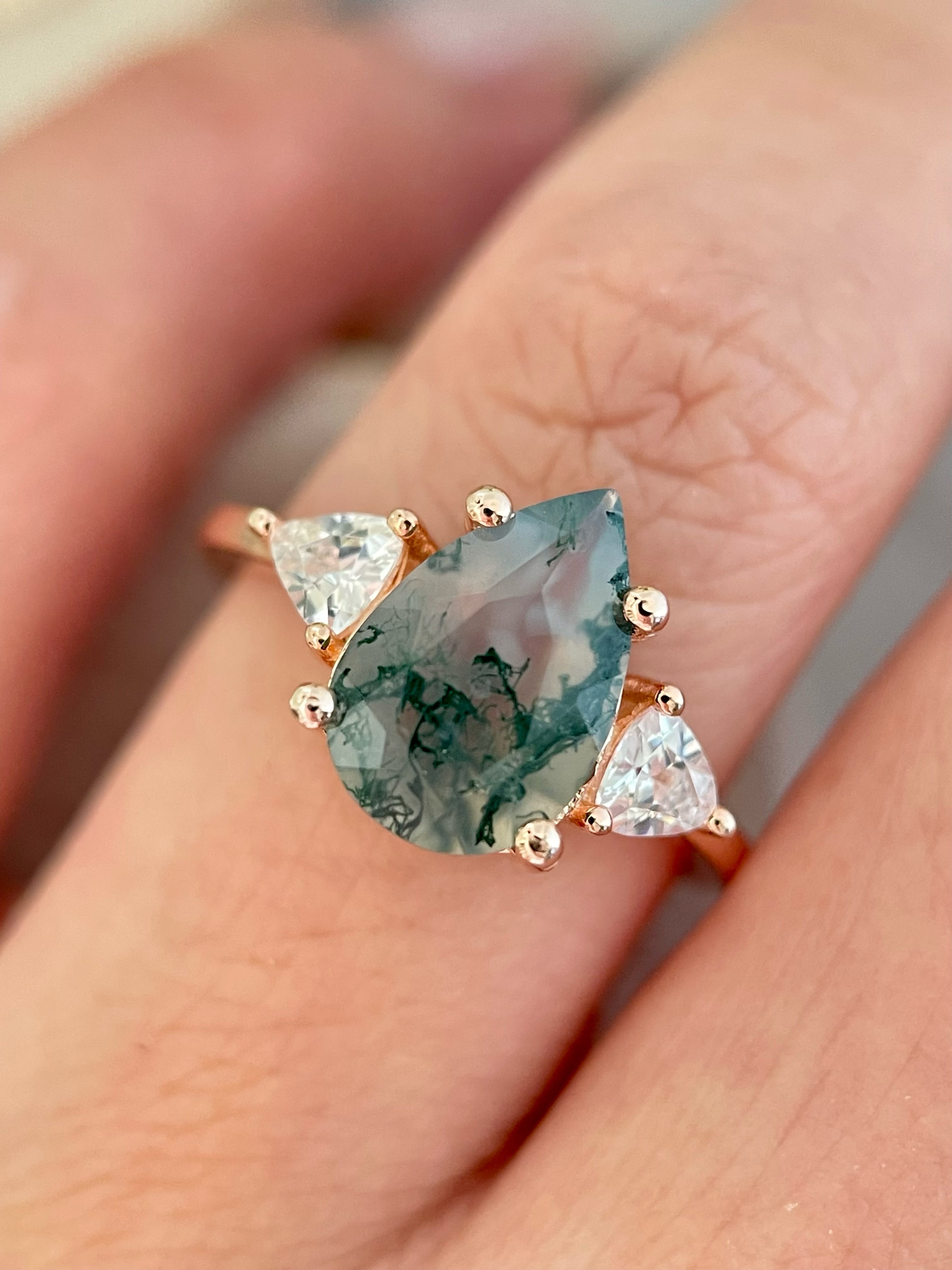 【NOISETTE】Bague de fiançailles unique en agate mousse naturelle, faite à la main, 3 carats, forme poire
