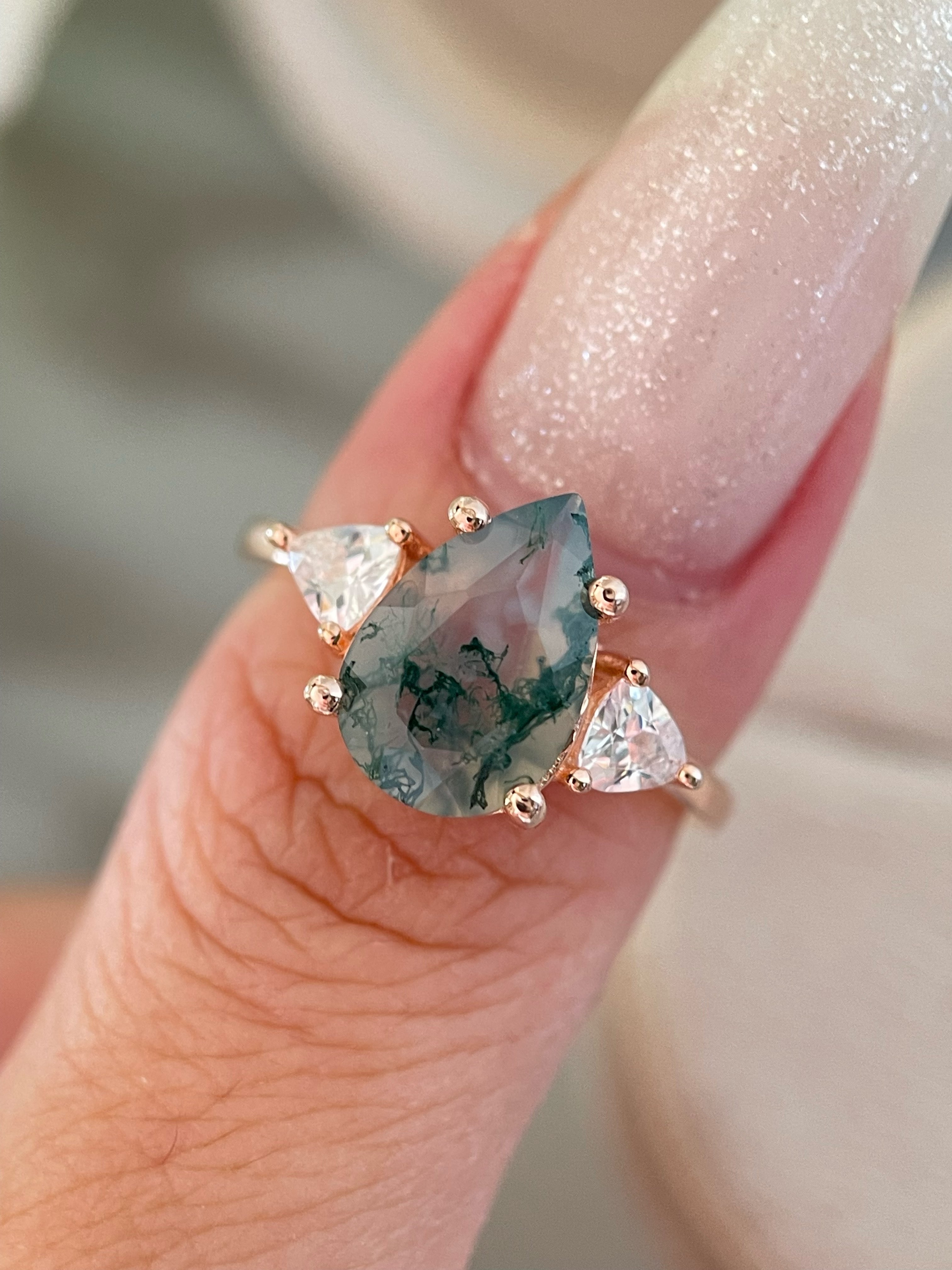 【NOISETTE】Bague de fiançailles unique en agate mousse naturelle, faite à la main, 3 carats, forme poire