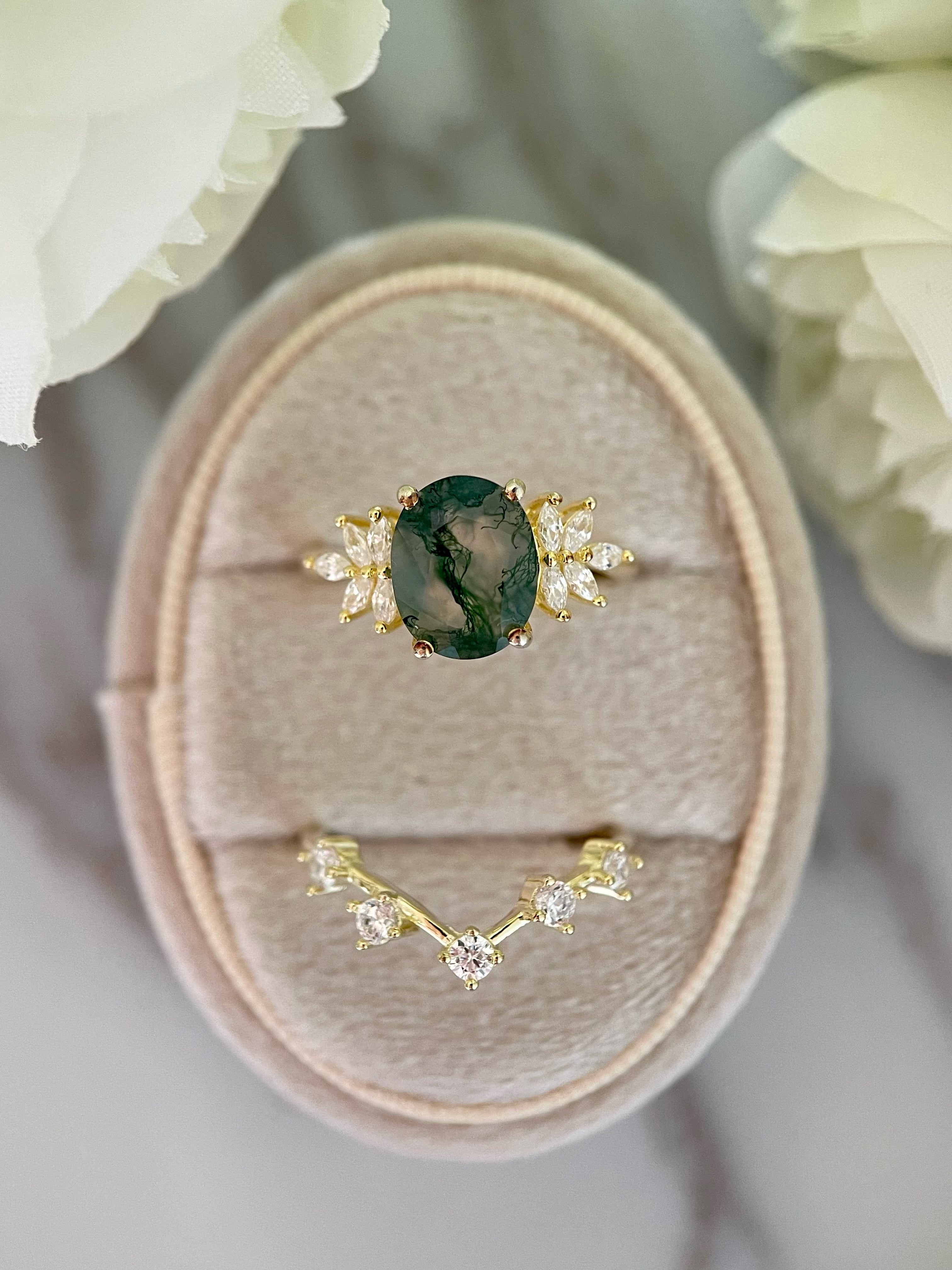 【ENSEMBLE SIERRA】Ensemble de 2 bagues de fiançailles ovales en agate mousse naturelle, 3 carats, fabriquées à la main.