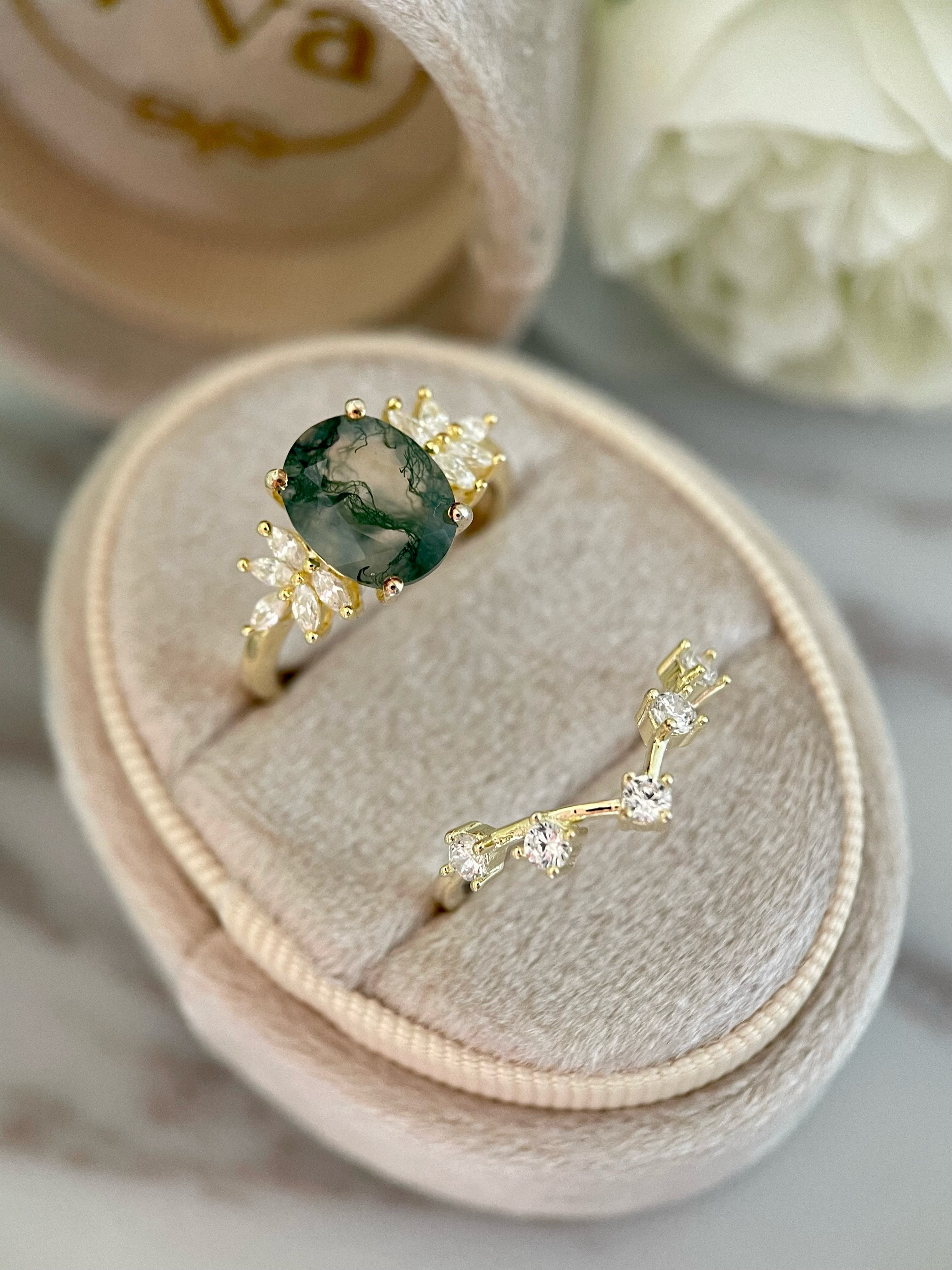 【ENSEMBLE SIERRA】Ensemble de 2 bagues de fiançailles ovales en agate mousse naturelle, 3 carats, fabriquées à la main.