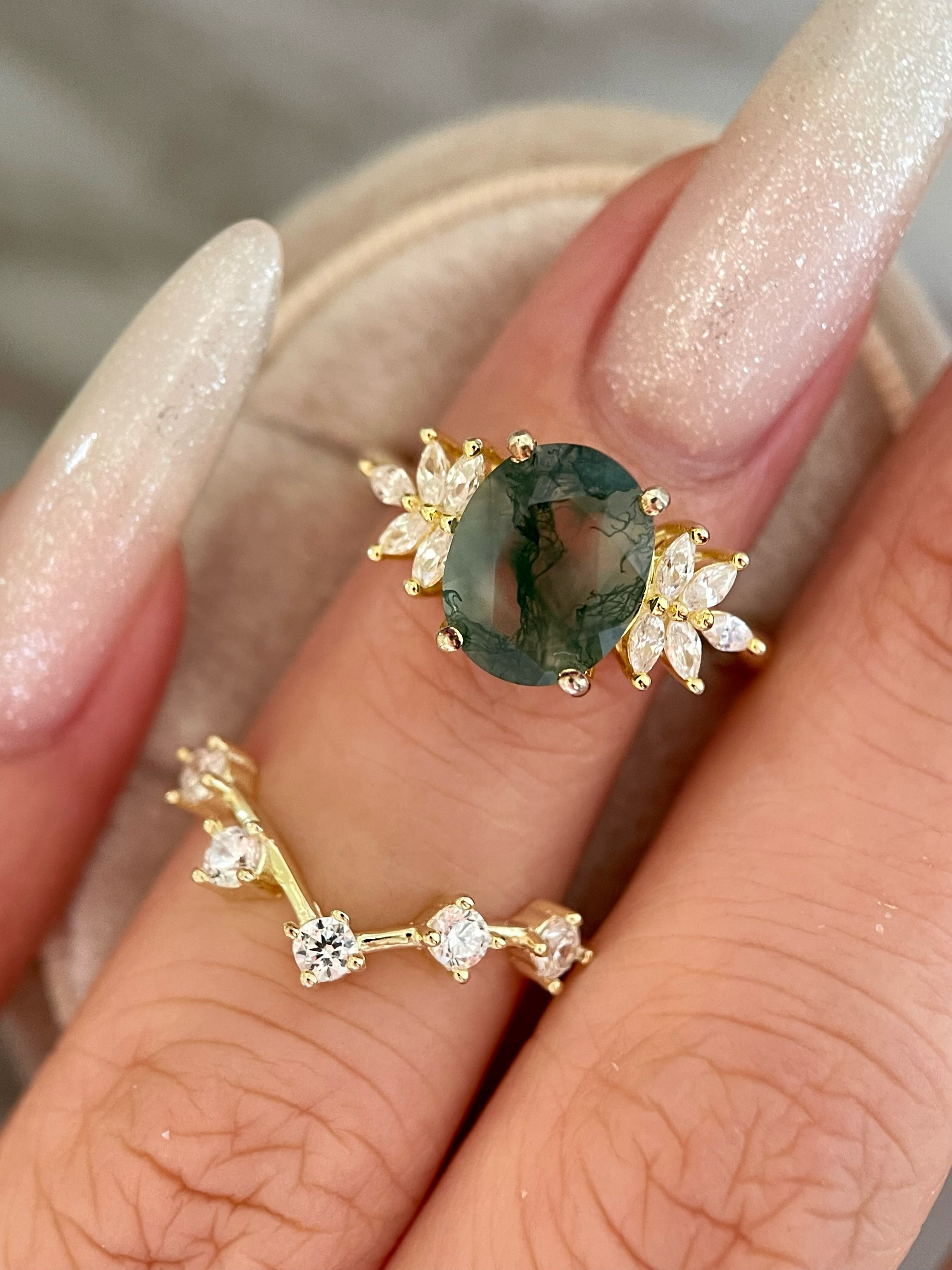 【ENSEMBLE SIERRA】Ensemble de 2 bagues de fiançailles ovales en agate mousse naturelle, 3 carats, fabriquées à la main.