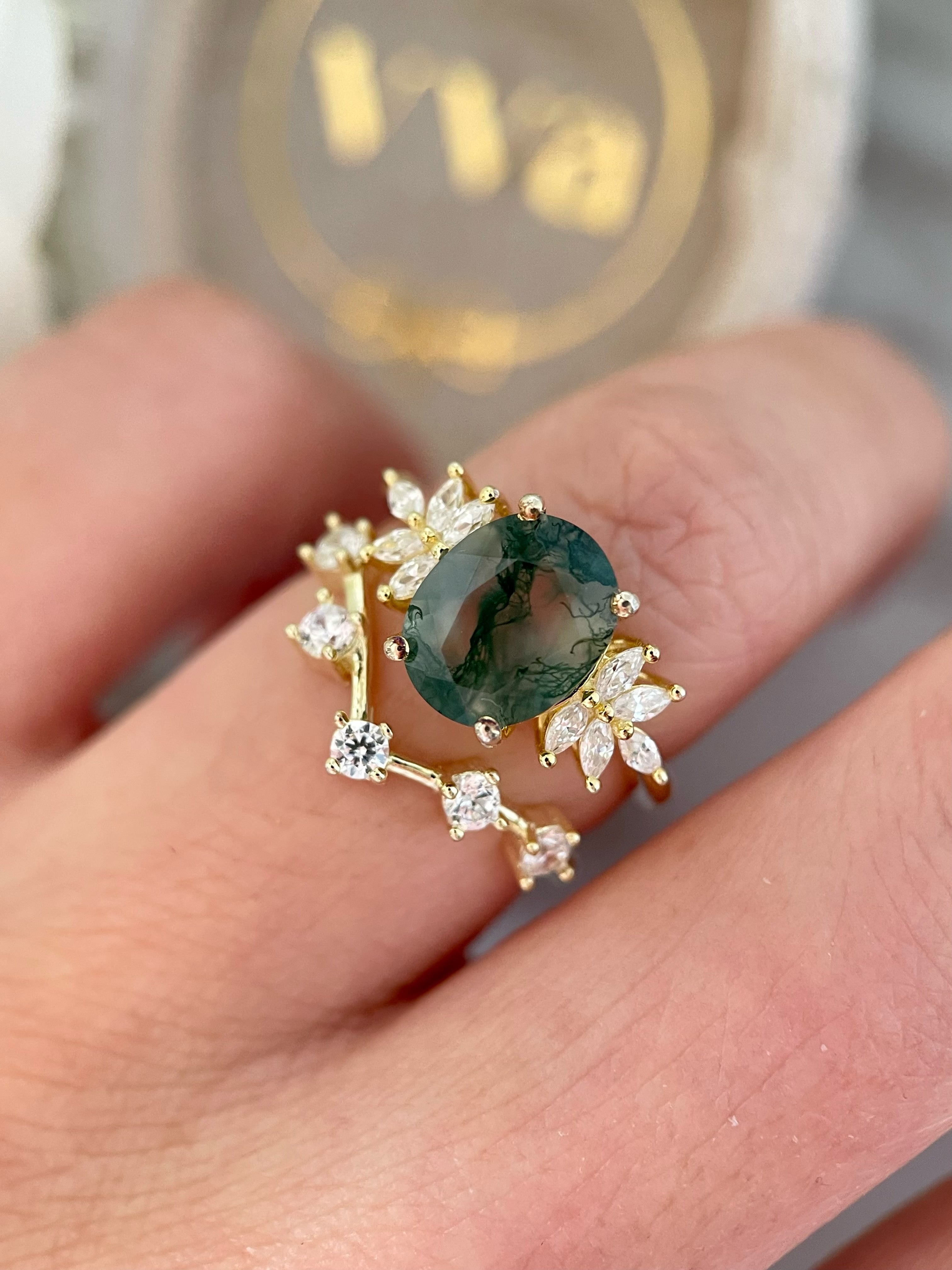 【ENSEMBLE SIERRA】Ensemble de 2 bagues de fiançailles ovales en agate mousse naturelle, 3 carats, fabriquées à la main.