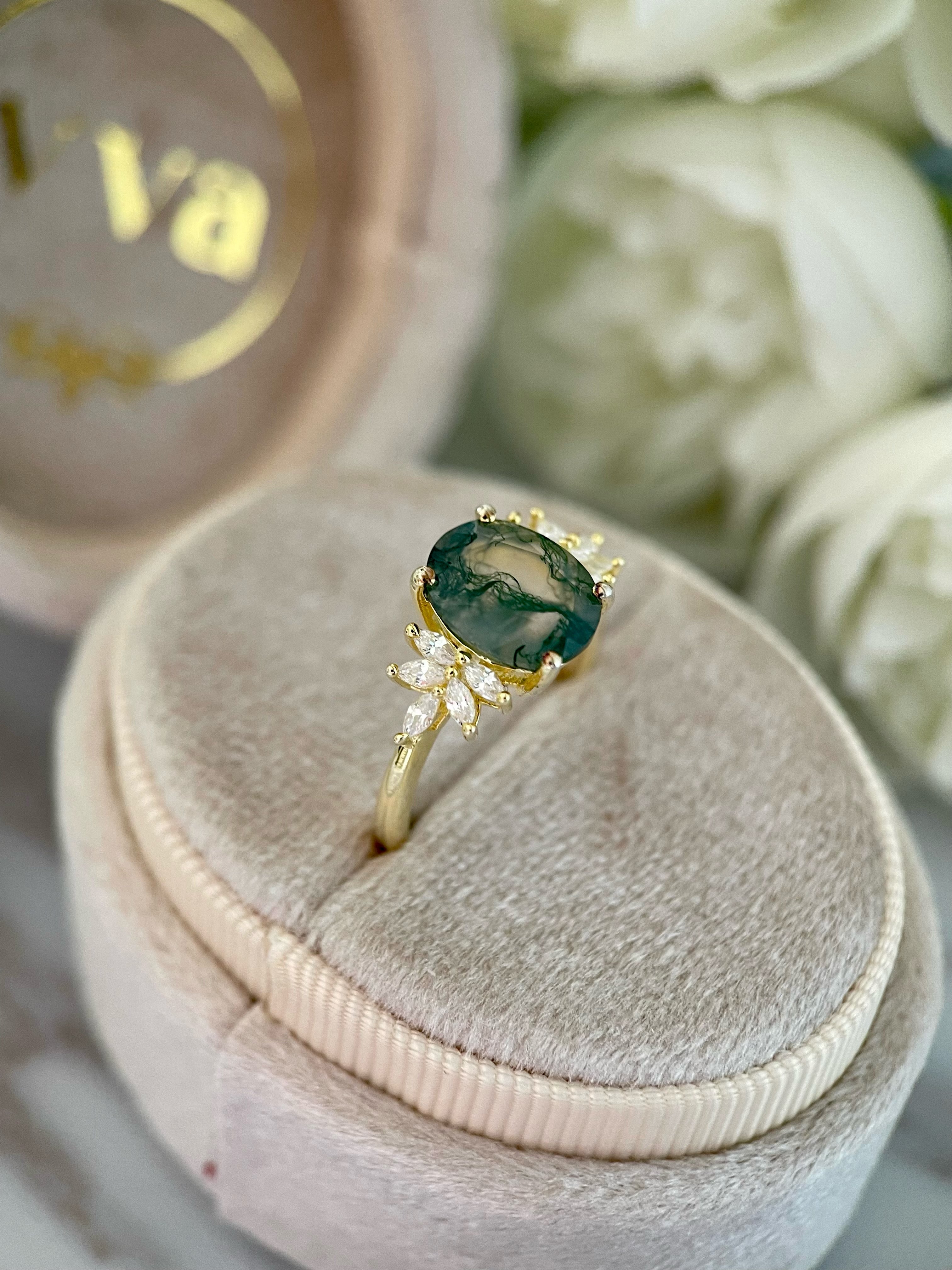 【SIERR】Bague de fiançailles ovale unique en agate mousse naturelle, faite main, 3 carats