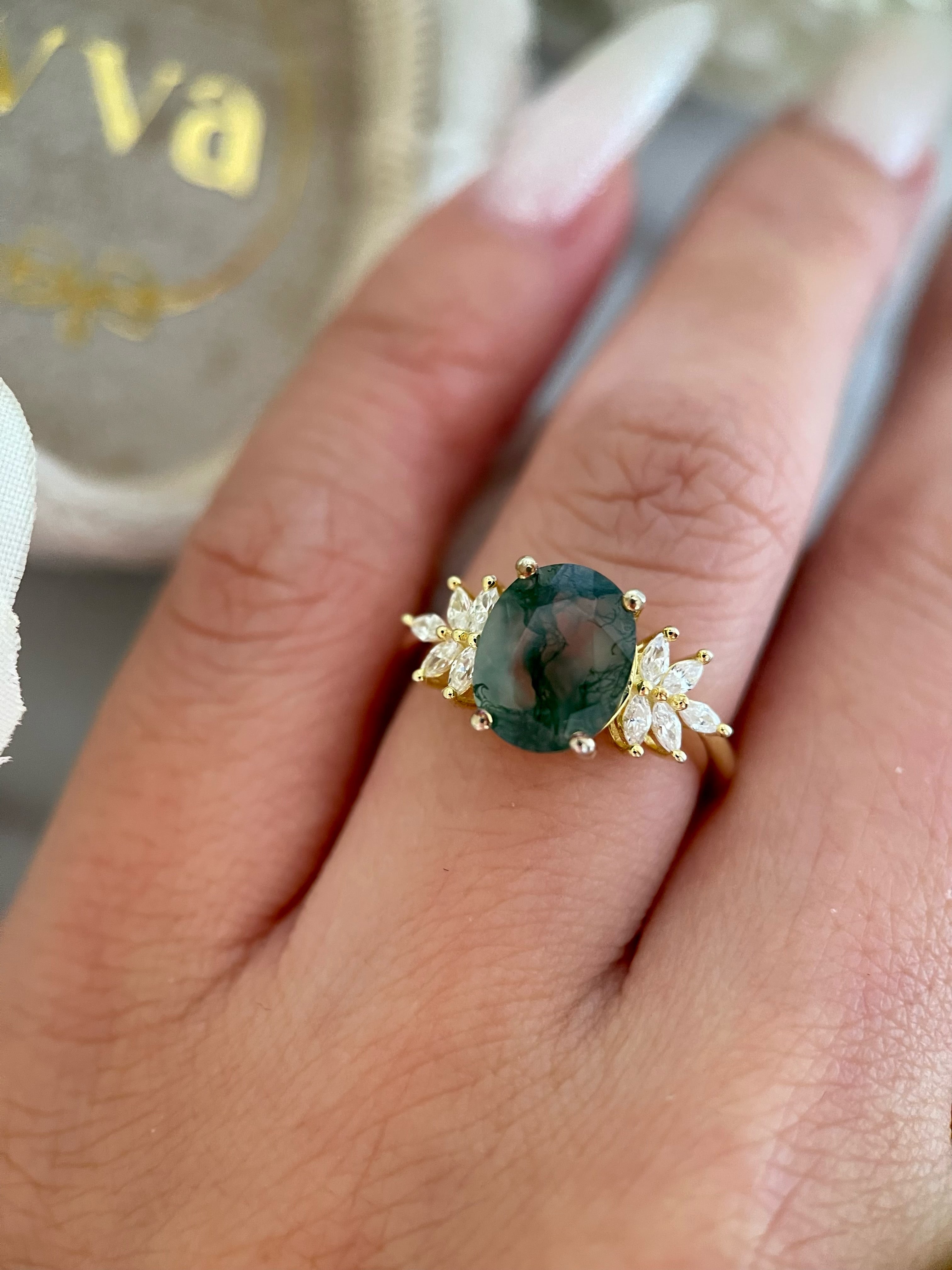 【SIERR】Bague de fiançailles ovale unique en agate mousse naturelle, faite main, 3 carats