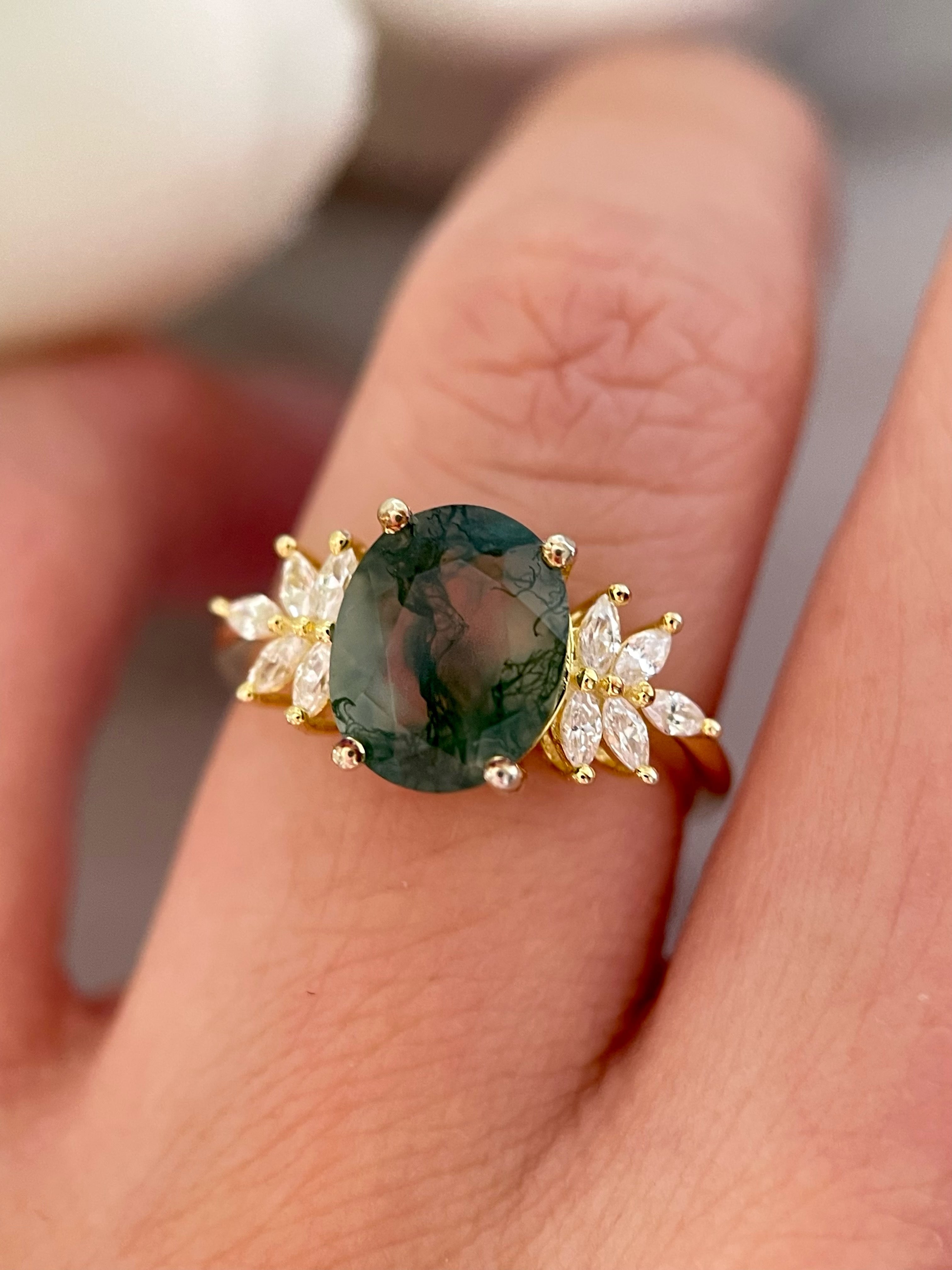 【SIERR】Bague de fiançailles ovale unique en agate mousse naturelle, faite main, 3 carats