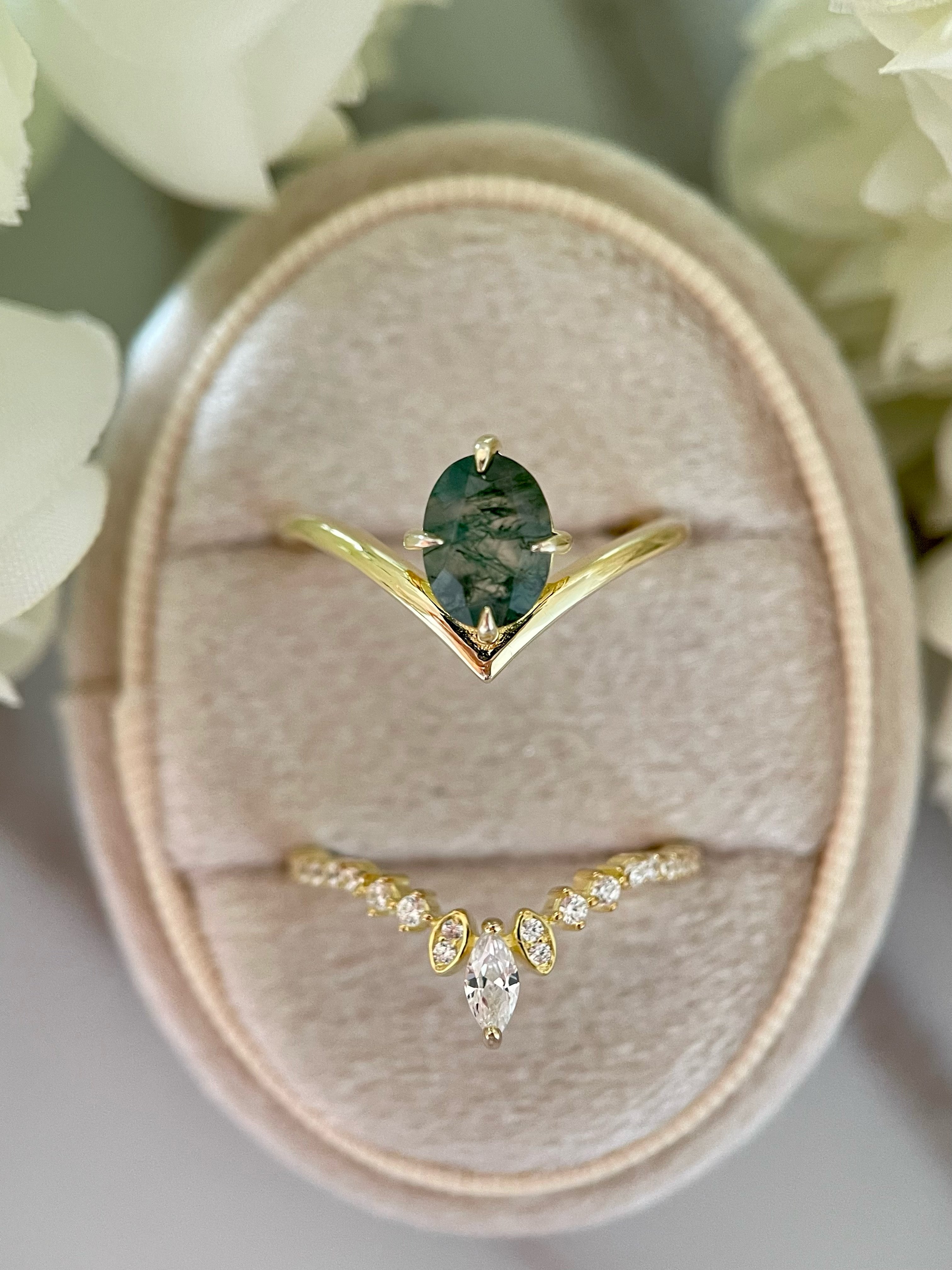 【ENSEMBLE DE JADE】Ensemble unique de bagues de fiançailles en agate mousse naturelle faite à la main, 2 pièces, forme ovale, 1,5 carat